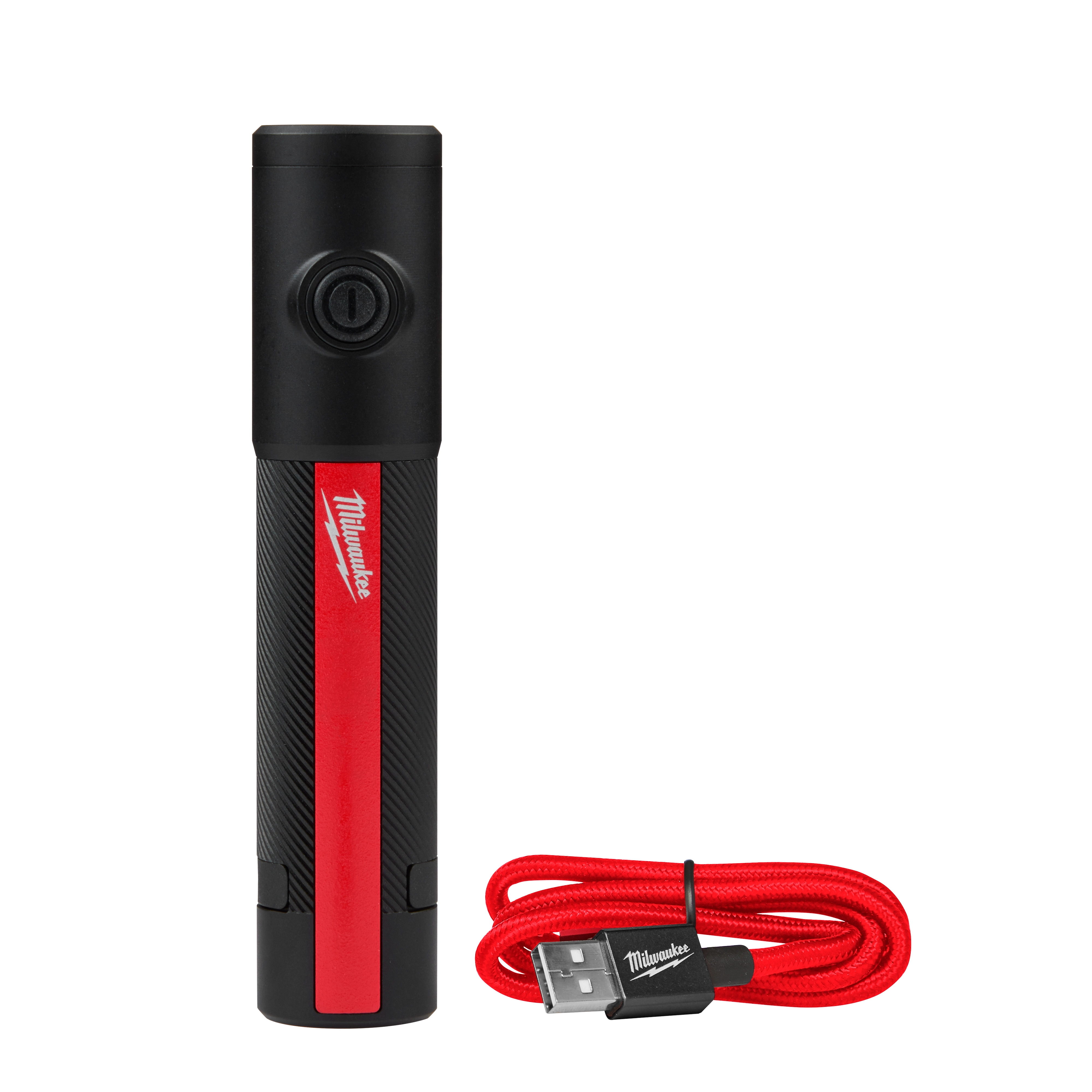 The Milwaukee® Rechargeable 500L Everyday Carry Flashlight w/ Magnet features a black and red design with a power button on top. It includes a long red USB charging cable for convenience.