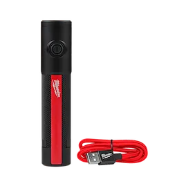 The Milwaukee® Rechargeable 500L Everyday Carry Flashlight w/ Magnet features a black and red design with a power button on top. It includes a long red USB charging cable for convenience.