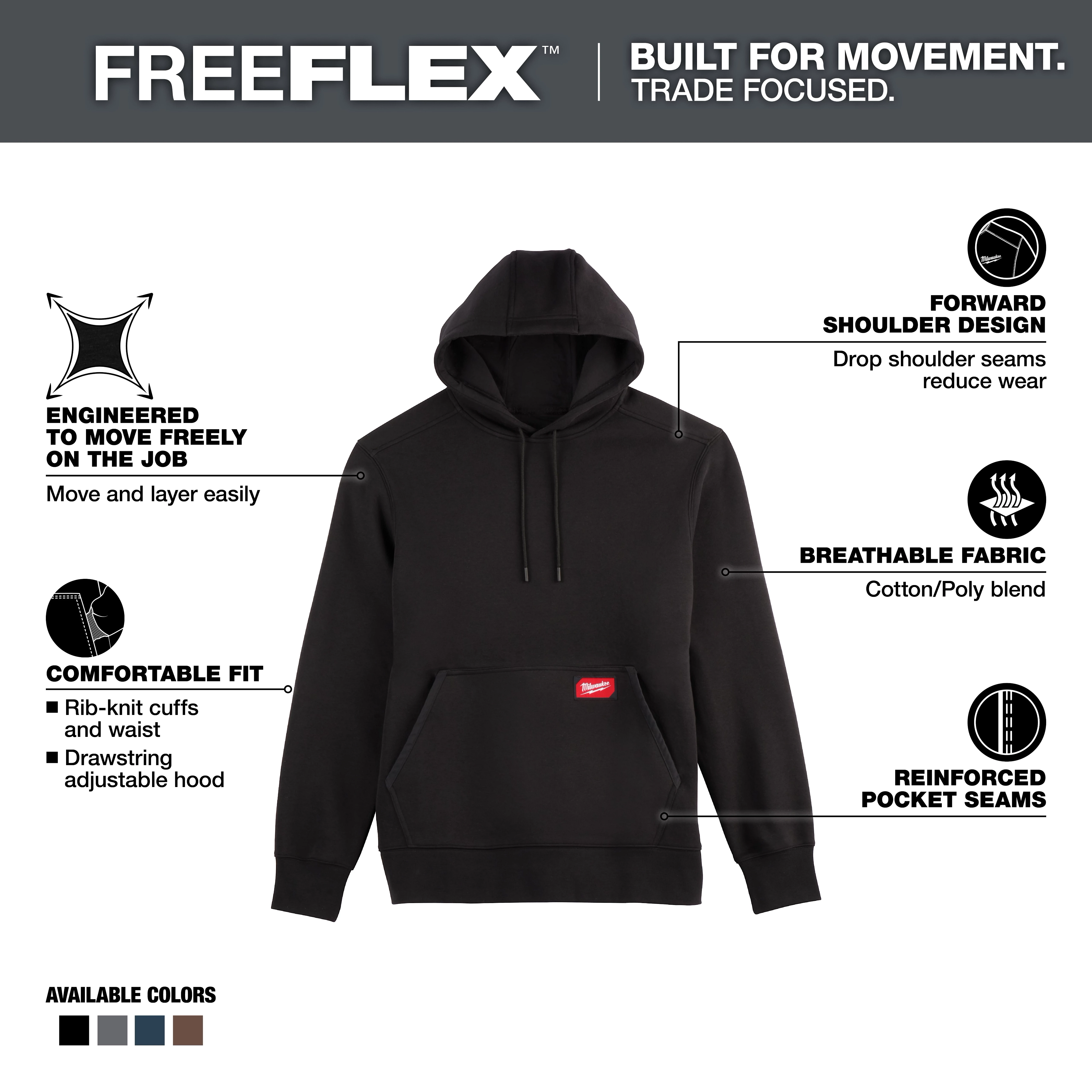 Midweight Pullover Hoodie in black, featuring forward shoulder design, breathable cotton/poly blend, rib-knit cuffs, and reinforced pocket seams.