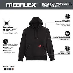 Midweight Pullover Hoodie in black, featuring forward shoulder design, breathable cotton/poly blend, rib-knit cuffs, and reinforced pocket seams.