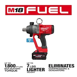 The image shows the M18 FUEL™ 1" High Torque Impact Wrench w/ ONE-KEY™. The tool is red and black with a silver head. Text highlights features: "Up to 1,800 ft-lbs nut-busting torque," "Up to 7 lbs lighter weight," and "Eliminates compressors & generators".