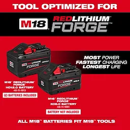 Outdoor Power Equipment FORGE Optimized For M18 RedLithium batteries. Includes two HD12.0 batteries (48-11-1813) and one XC8.0 battery (48-11-1831) without battery. Offers most power, fastest charging, longest life. All M18 batteries fit M18 tools. Red background with black and white text.