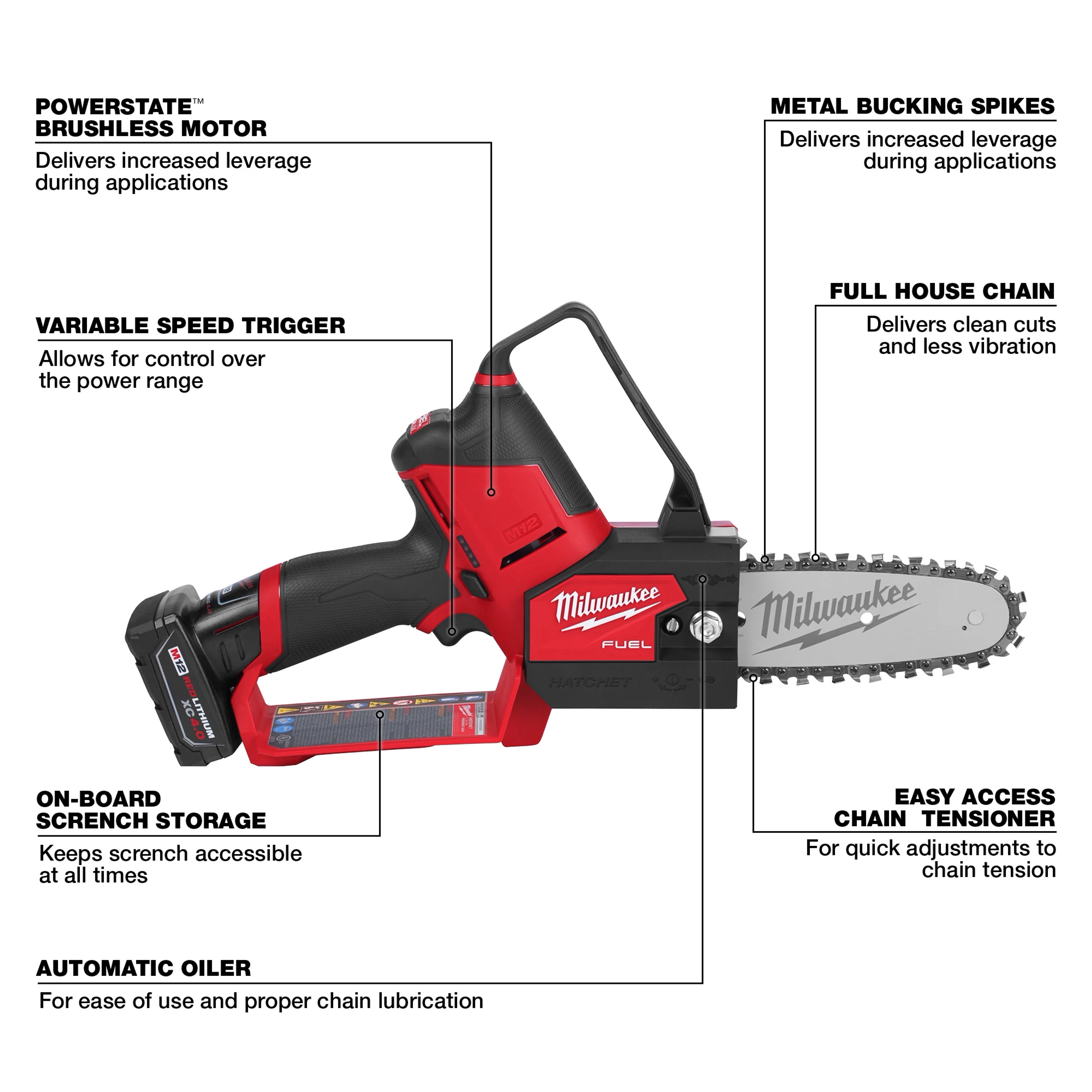 Milwaukee M12 FUEL HATCHET 6” Pruning Saw with brushless motor, variable speed trigger, full house chain, and metal bucking spikes.