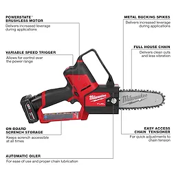 Milwaukee M12 FUEL HATCHET 6” Pruning Saw with brushless motor, variable speed trigger, full house chain, and metal bucking spikes.