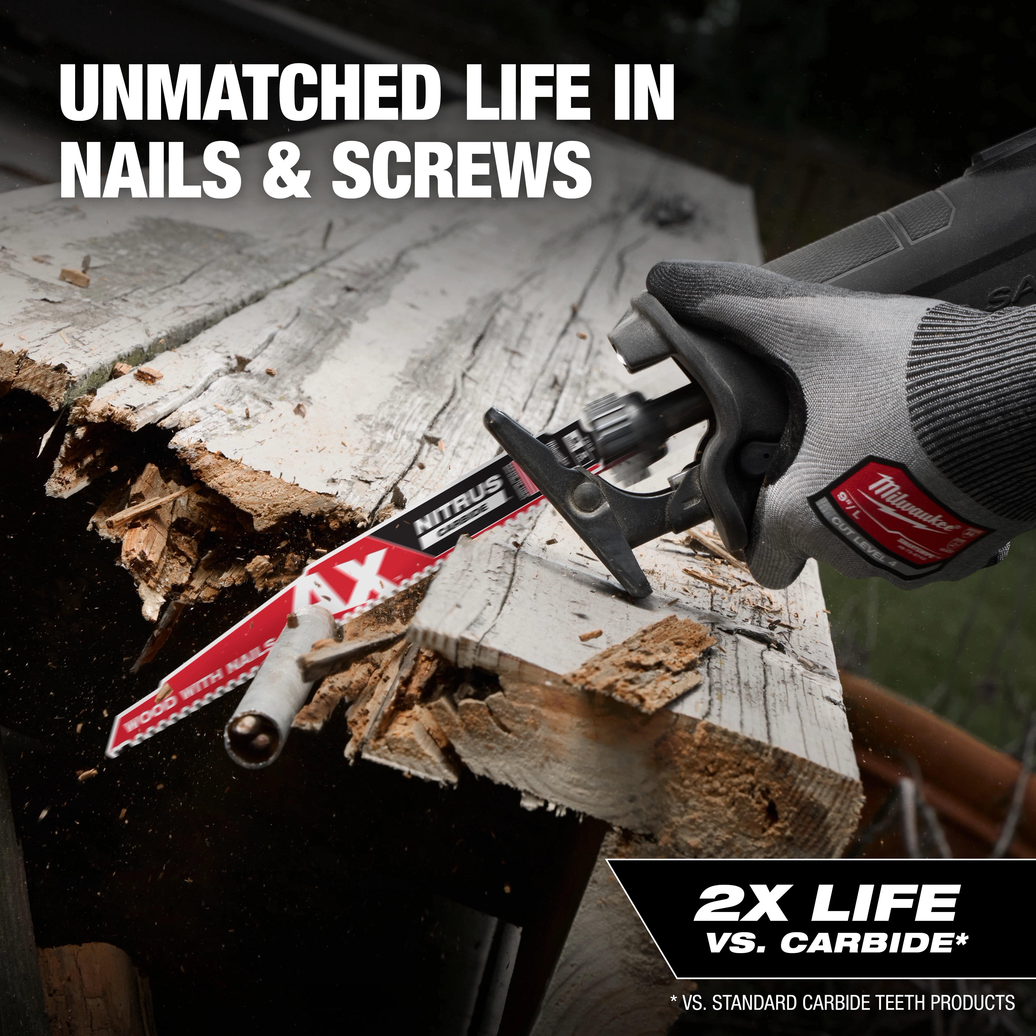 5 TPI AX w/NITRUS Carbide Teeth SAWZALL Blade cutting through wood with nails. Text: "Unmatched life in nails & screws. 2X life vs. carbide."