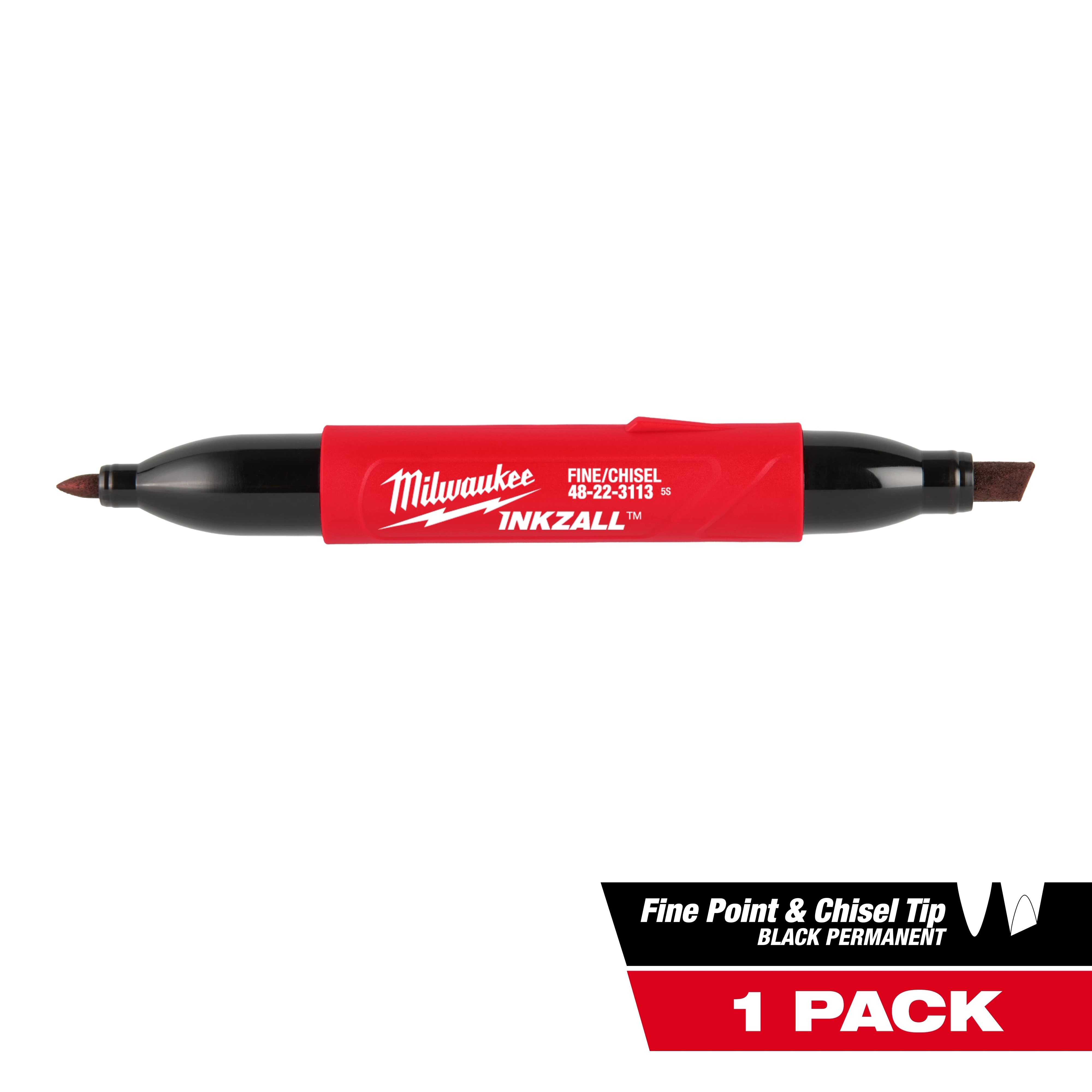 INKZALL Double Sided Black Jobsite Marker features a fine point on one end and a chisel tip on the other for versatile marking.