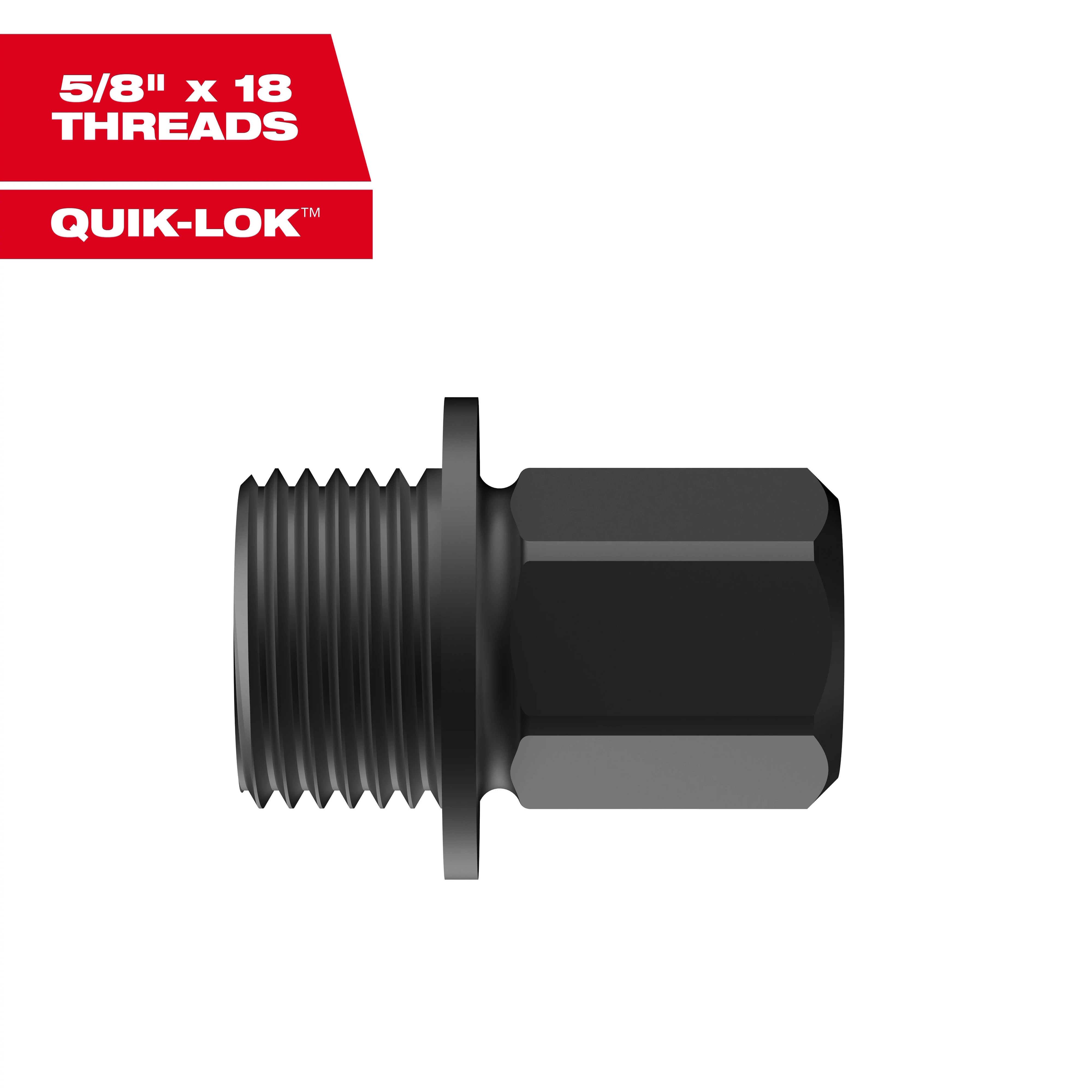 5PK Large Thread Adapters for QUIK-LOK™ Arbors. Metal adapter with threaded end and hexagonal nut end. Designed for compatibility with QUIK-LOK™ arbor systems. Black color and cylindrical shape with visible threading. Solid and durable construction. The package includes five adapters.