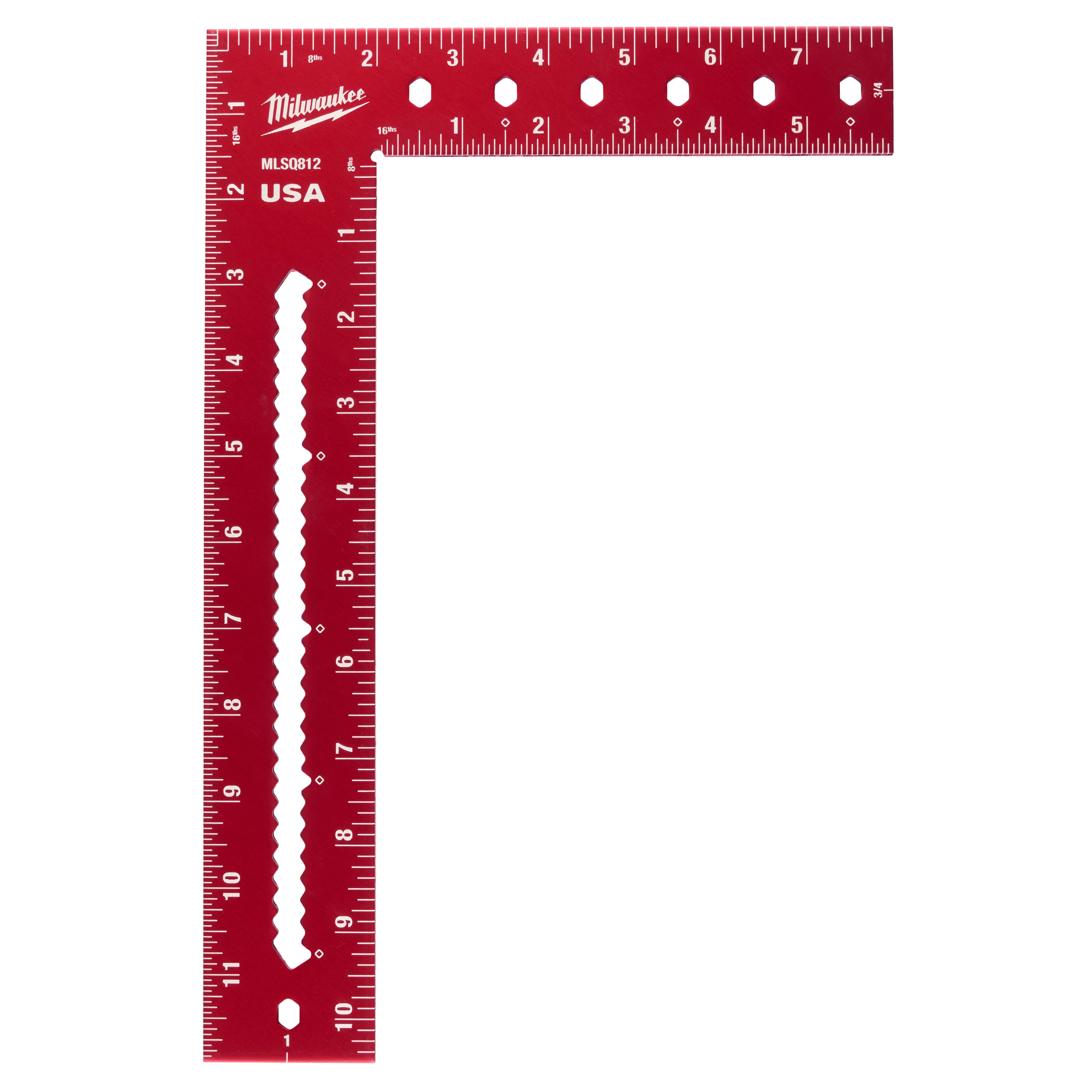 Image showing an 8"x12" Framing Square by Milwaukee. The square is red with precision laser-etched markings in inches and has multiple round holes. The brand name, "Milwaukee," and "USA" are also visible on the tool.