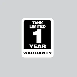 The image features a black and white label stating "Tank Limited 1 Year Warranty" on a gray background. The text is centered in a rectangular border, with "Tank Limited" at the top, a large number "1" in the middle, and "Year Warranty" at the bottom.