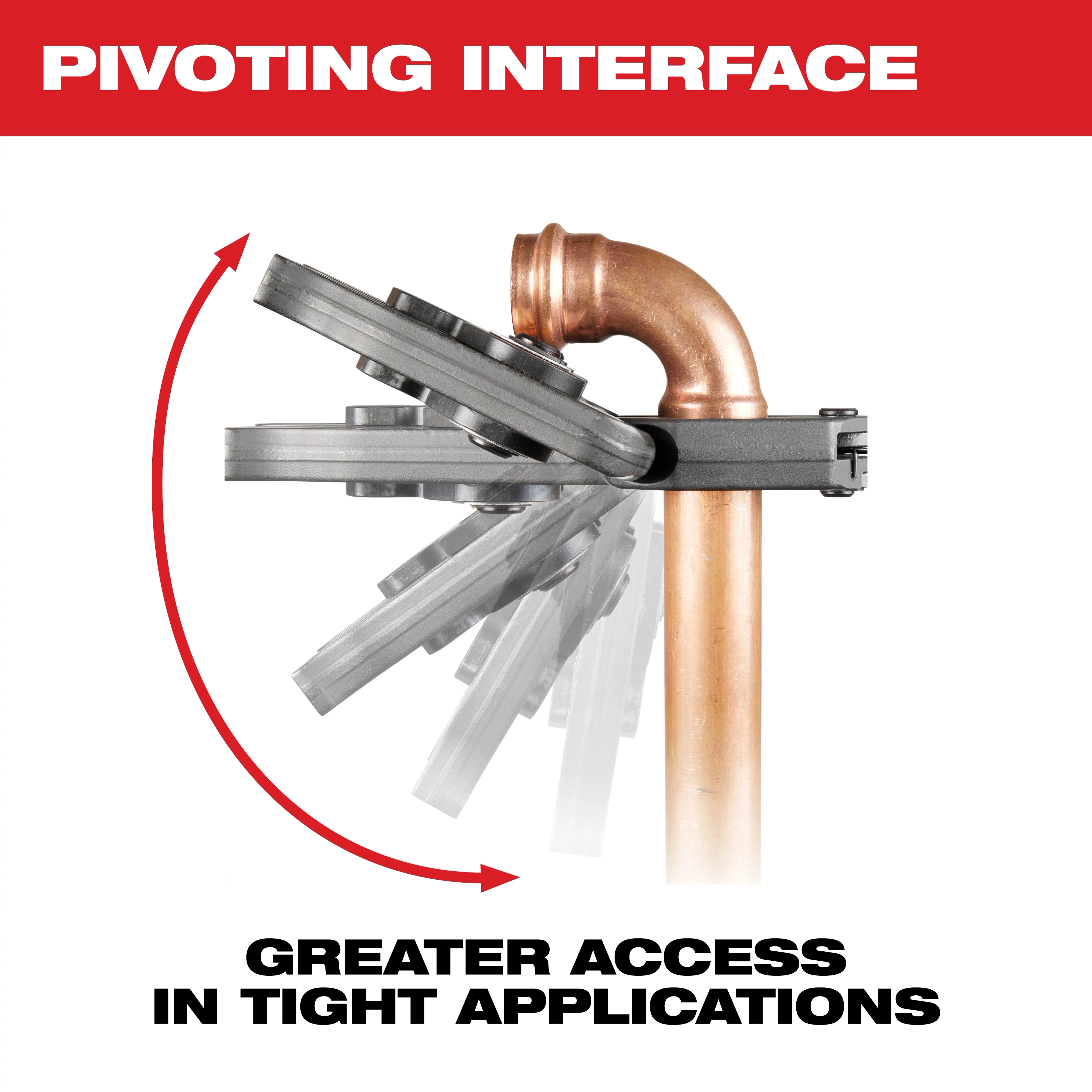 Image of the Milwaukee CTS-V Pivoting Press Ring Pivoting Interface with the text "Pivoting Interface. Greater Access in Tight Applications."