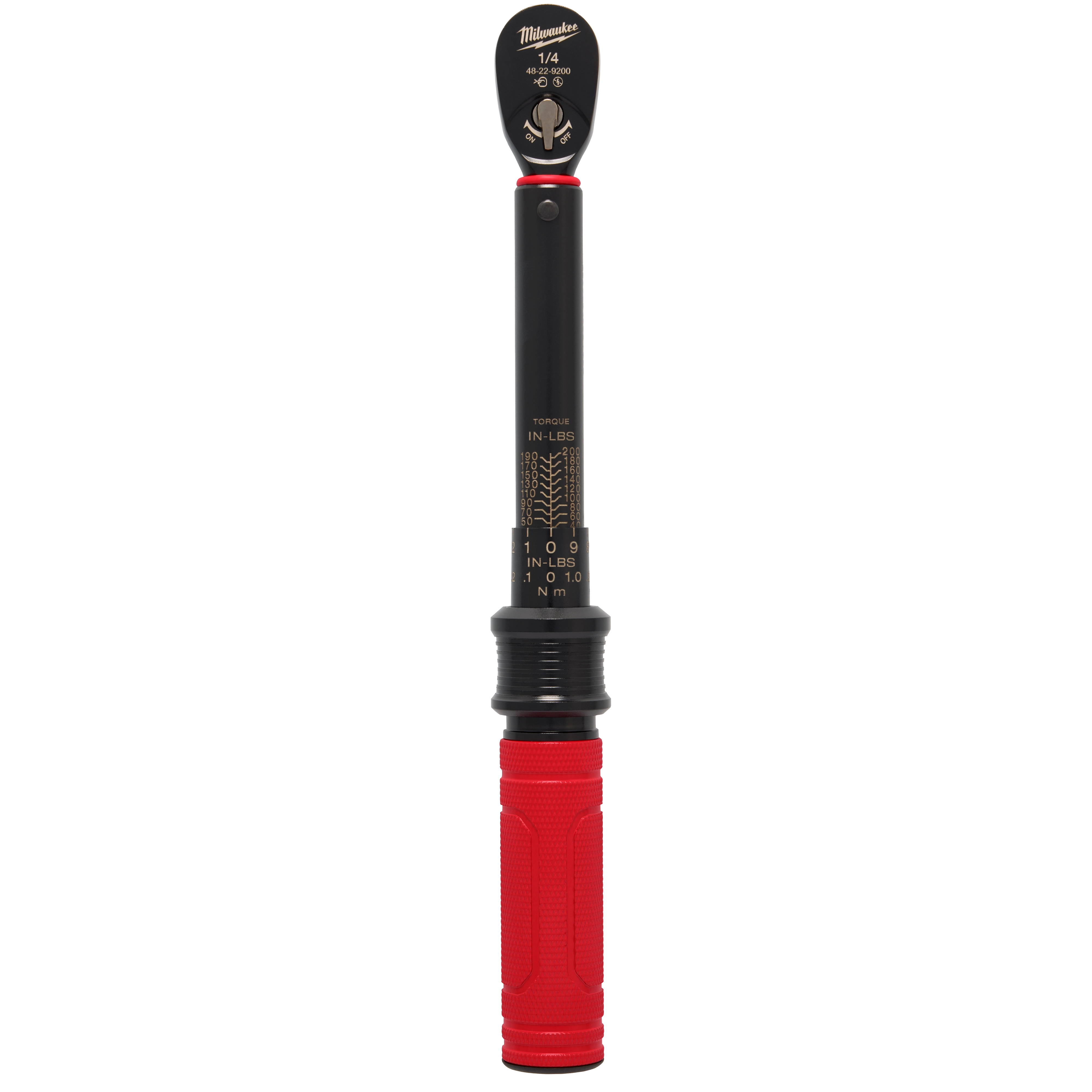 1/4” Drive Click Torque Wrench (40-200 IN-LBS) with a black metal shaft and a red, textured handle for grip. The torque measurement scale is printed on the shaft.
