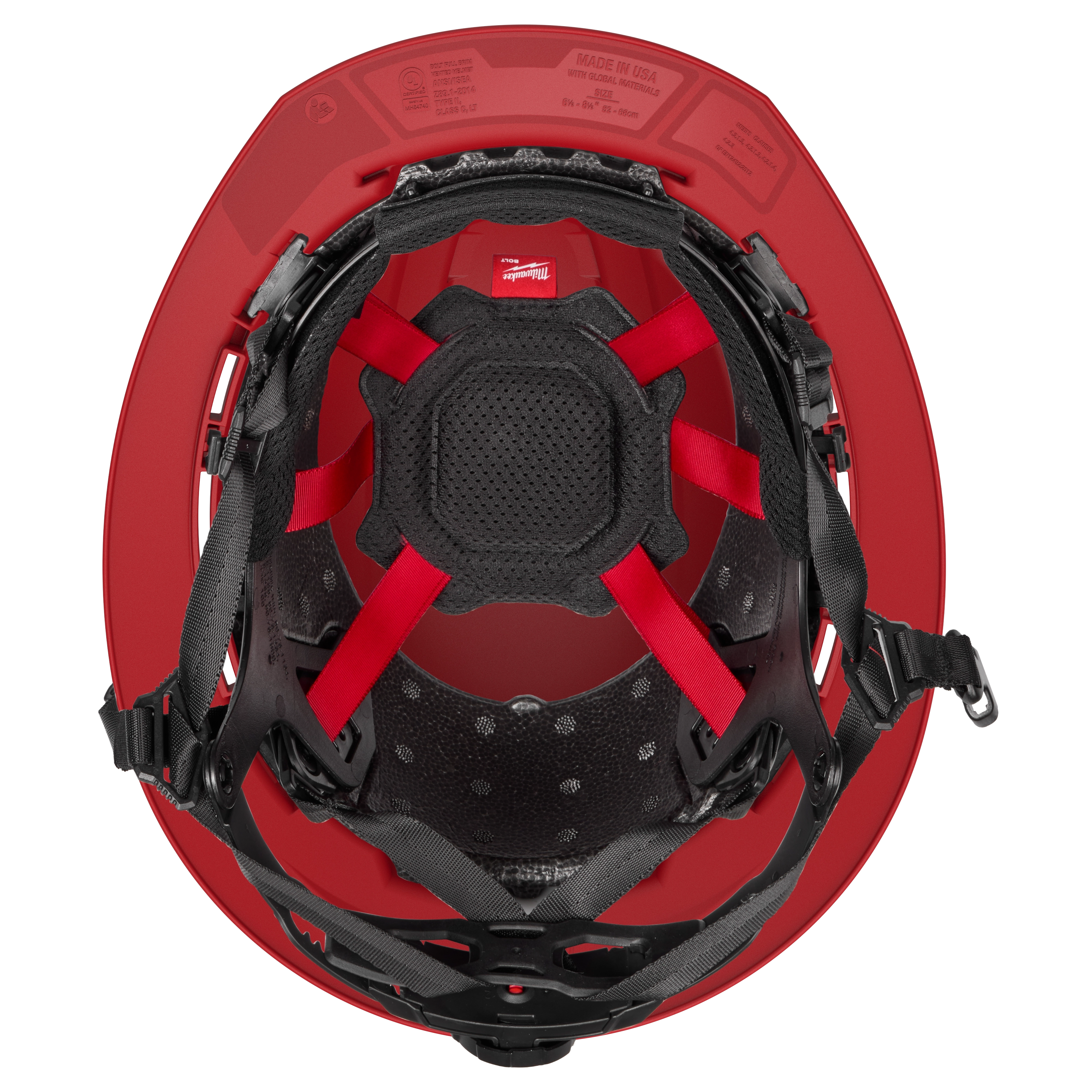 The BOLT™ Red Full Brim Vented Safety Helmet – Type 2, Class C features sturdy inner padding, adjustable straps, and a vented design for enhanced breathability and comfort, seen from the interior perspective.