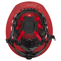 The BOLT™ Red Full Brim Vented Safety Helmet – Type 2, Class C features sturdy inner padding, adjustable straps, and a vented design for enhanced breathability and comfort, seen from the interior perspective.