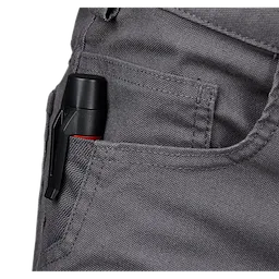 The Dual Range Voltage Detector with LED is shown clipped inside a gray fabric pocket. The device is black with a red accent, easily portable, and designed for convenient, everyday use.