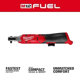 The Milwaukee M12 FUEL 1/4" Ratchet is a compact, cordless tool with a red and black design, offering fast performance and unmatched comfort.