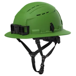 BOLT™ Green Full Brim Vented Safety Helmet – Type 2, Class C, features multiple ventilation slots and an adjustable chin strap. The helmet includes a front clip for mounting accessories and provides full-brim coverage for added protection in various work environments.