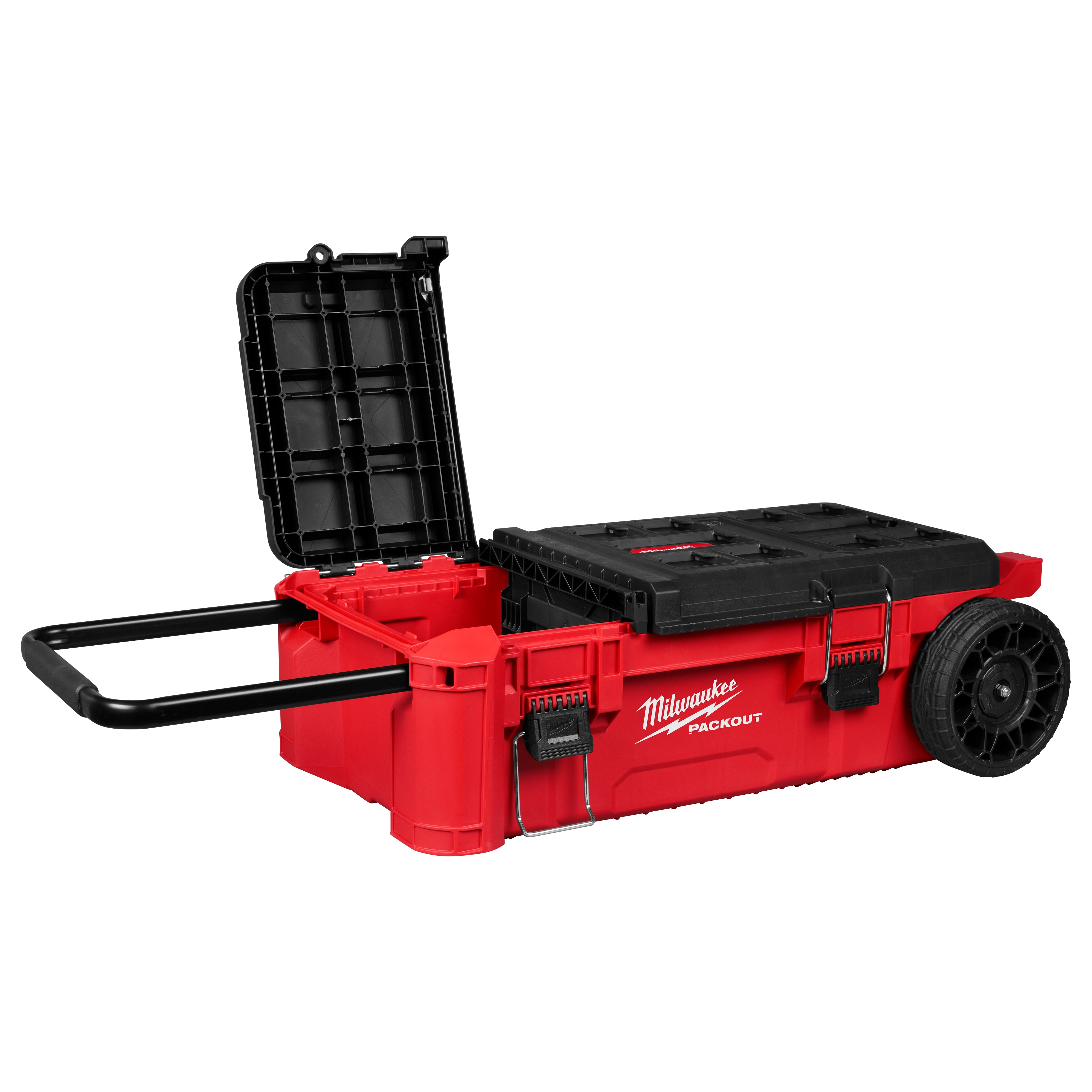 PACKOUT Rolling Tool Chest with Compact Split Lid shown open, with extended handle and large wheels on one side.