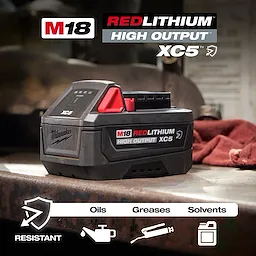 M18 REDLITHIUM HIGH OUTPUT XC5 Resistant Battery Pack resting on a workbench with tools and icons below.