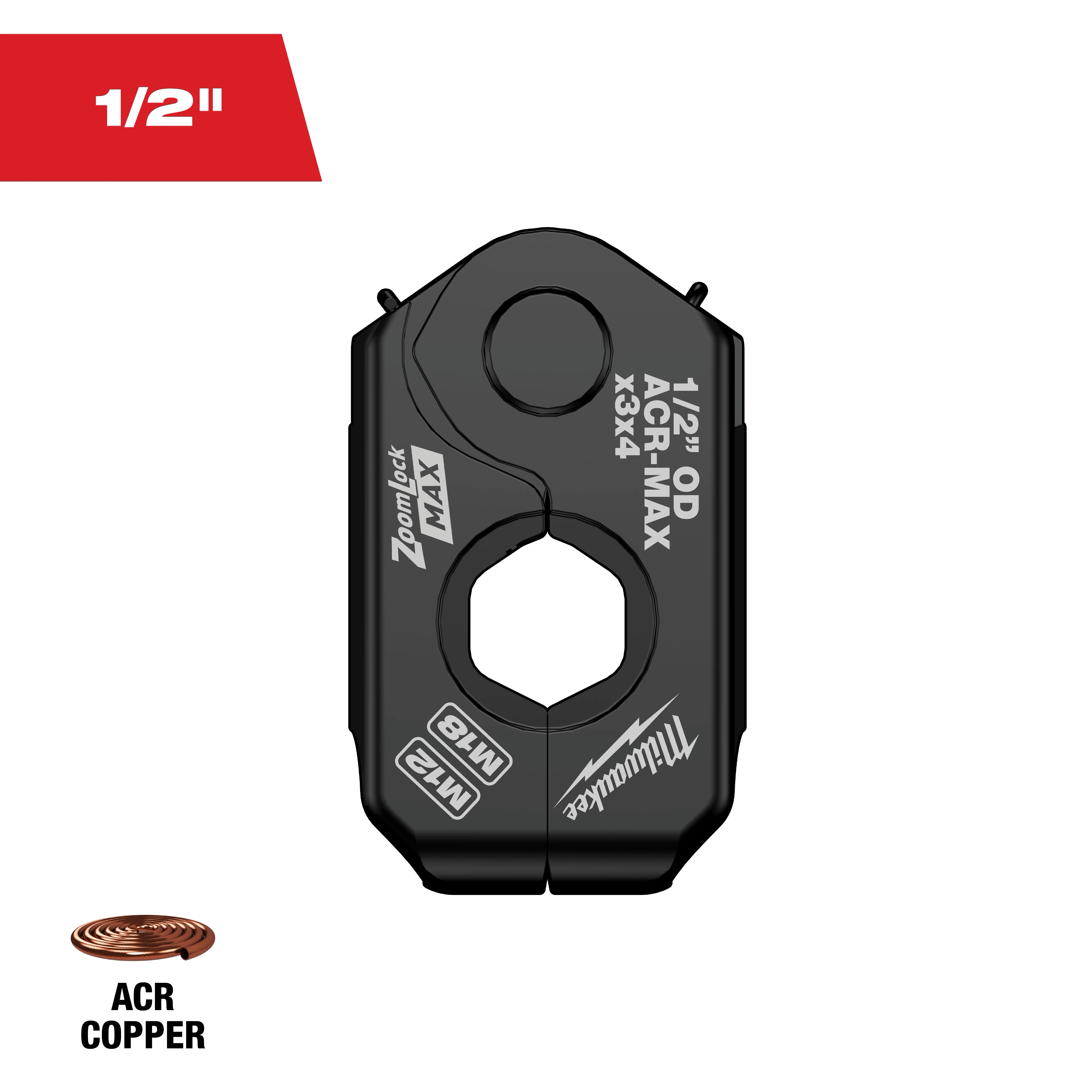 The 1/2" ZoomLock MAX® & MaxiPro® Pivoting Press Ring is a black, circular tool designed for pressing ACR copper materials. It features two centrally located grips and text detailing specifications on its surface. The product is recommended for optimized pressing in HVAC systems.