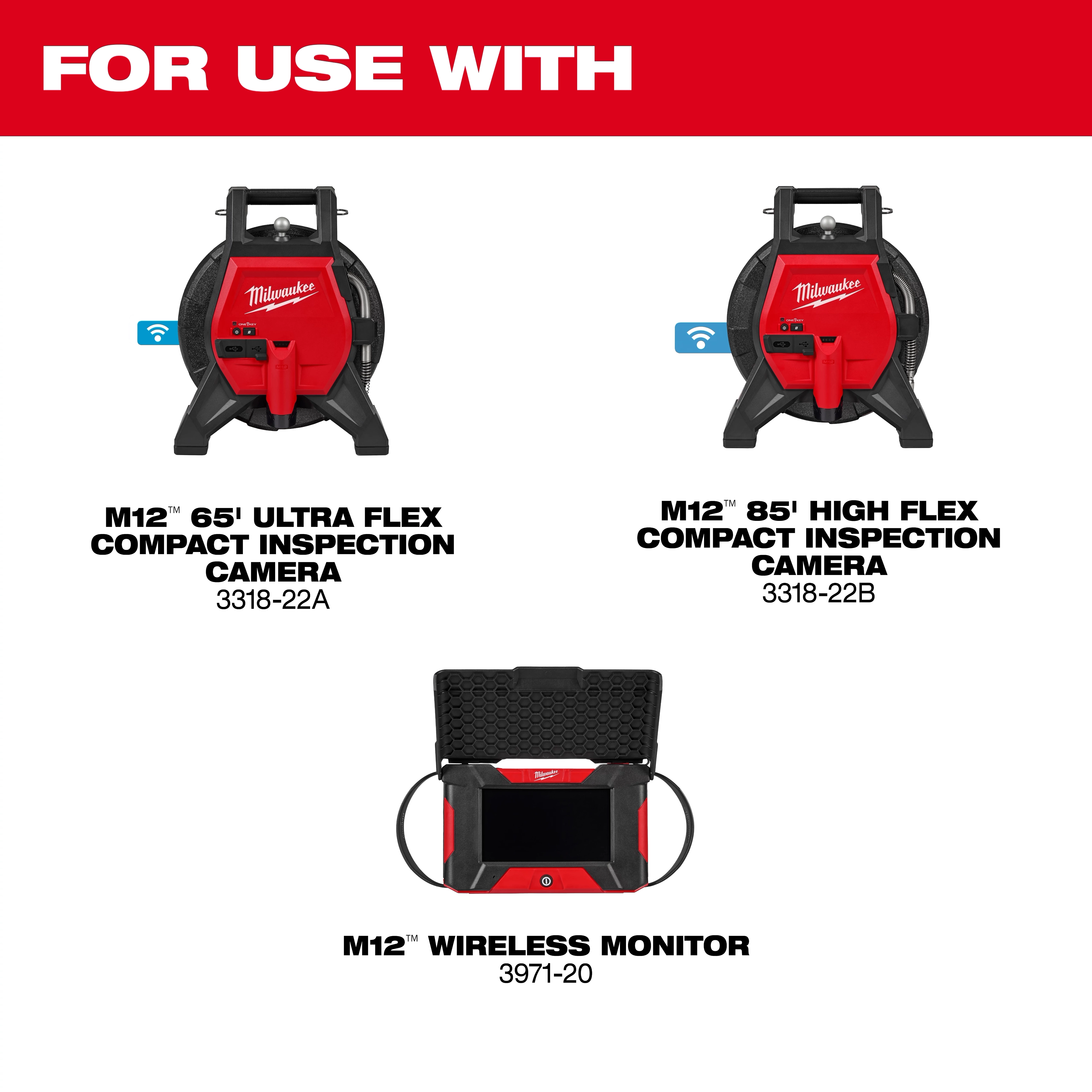 Three Milwaukee tools are displayed: M12™ 65' Ultra Flex Compact Inspection Camera (3318-22A), M12™ 85' High Flex Compact Inspection Camera (3318-22B), and the M12™ Wireless Monitor (3971-20). The top of the image reads, "For Use With" in red text.