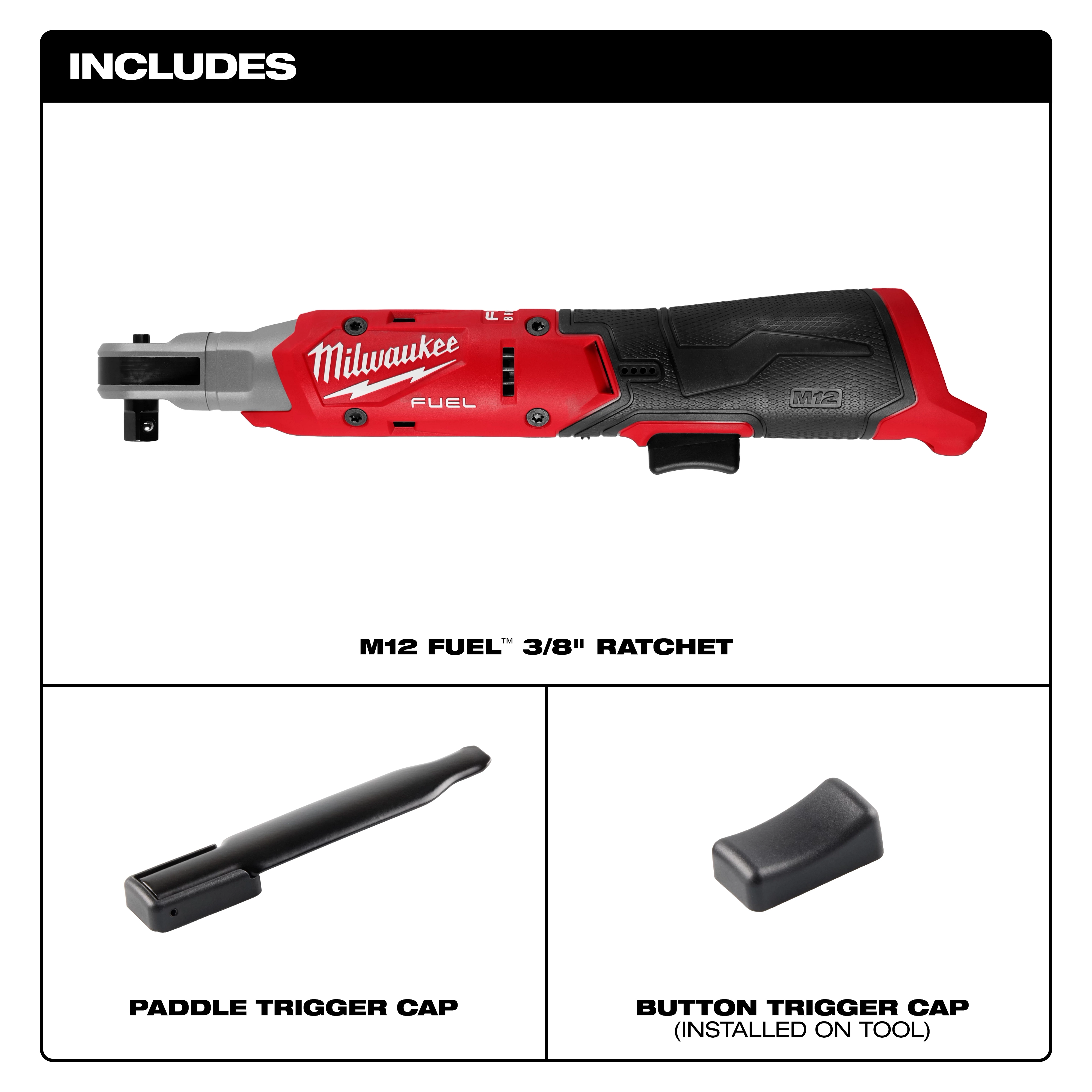 The M12 FUEL 3/8" Ratchet is pictured with a paddle trigger cap and a button trigger cap. The button trigger cap is installed on the tool, while the paddle trigger cap is shown separately.
