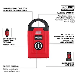 The VACLINK™ Wireless Dust Control Remote is a red and black device with a pairing button, power button, and integrated loop. It features magnets for mounting and can connect to a strap for versatility. It is compatible with various VACLINK™ integrated vacuums.