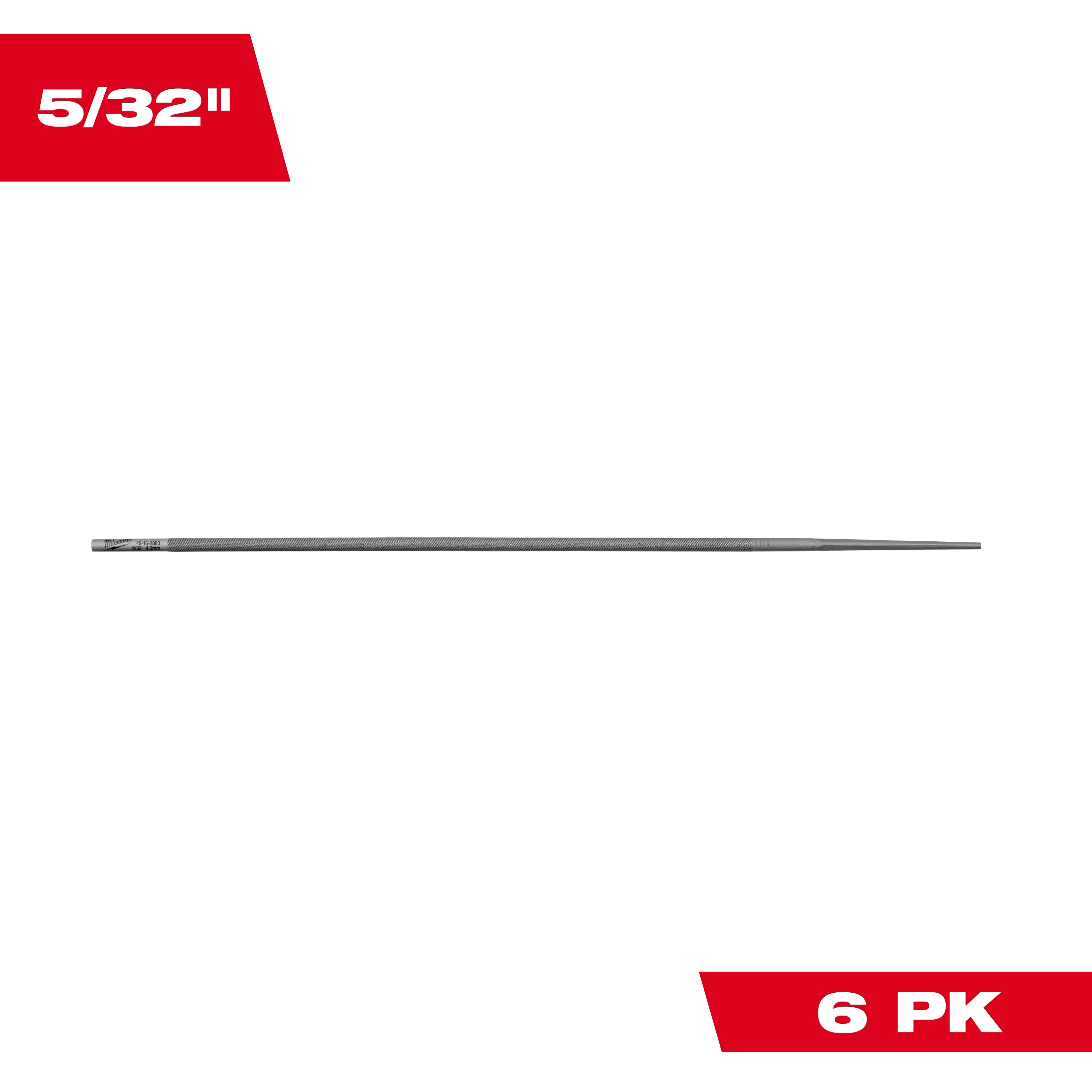 A single metallic round file, designed specifically for sharpening saw chains. The file measures 5/32 inches in diameter and comes in a pack of six. The packaging is displayed in red, indicating the measurement at the top left and the quantity at the bottom right.
