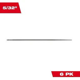 A single metallic round file, designed specifically for sharpening saw chains. The file measures 5/32 inches in diameter and comes in a pack of six. The packaging is displayed in red, indicating the measurement at the top left and the quantity at the bottom right.