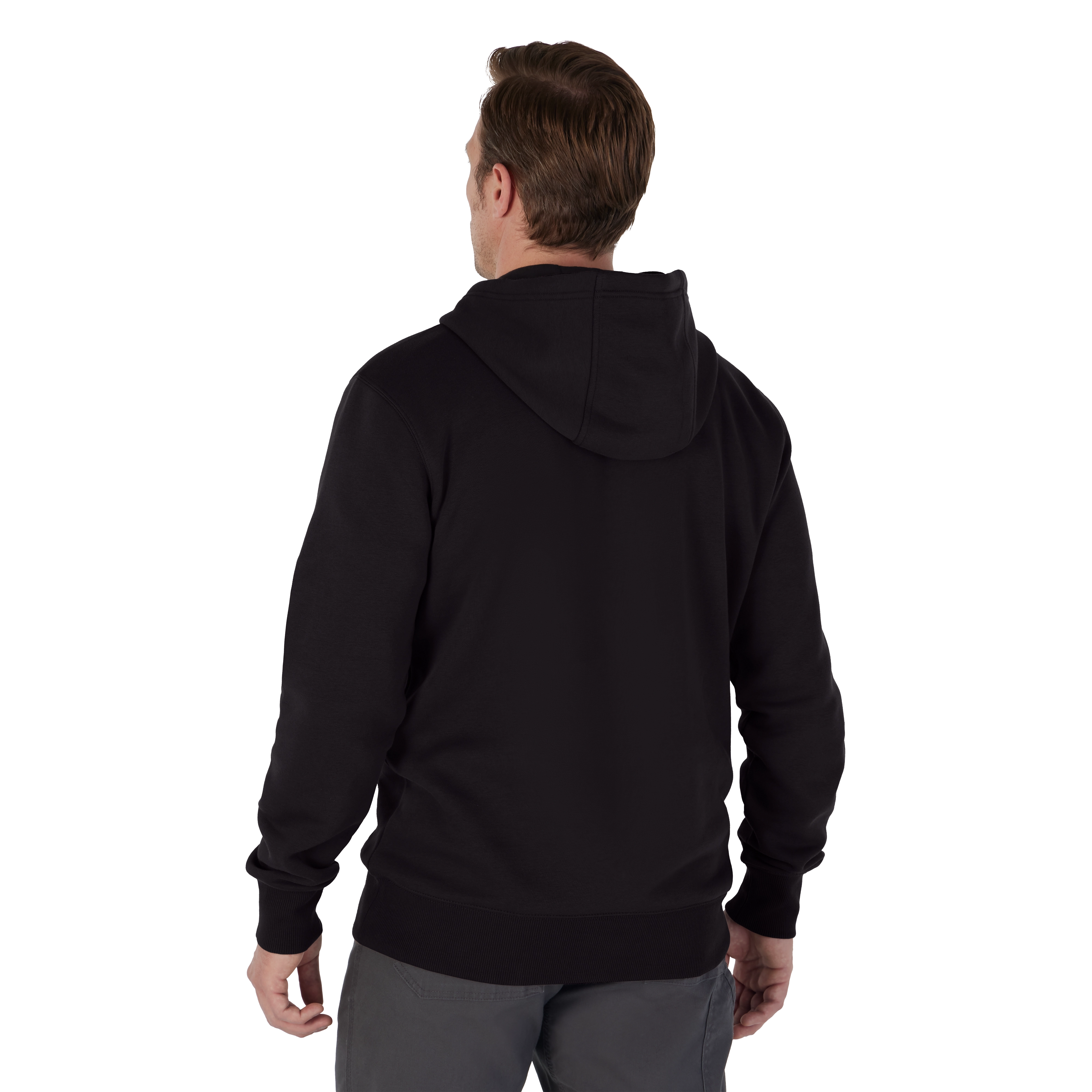 A man wearing a black Midweight Pullover Hoodie shown from the back. He has short brown hair and is standing against a white background.