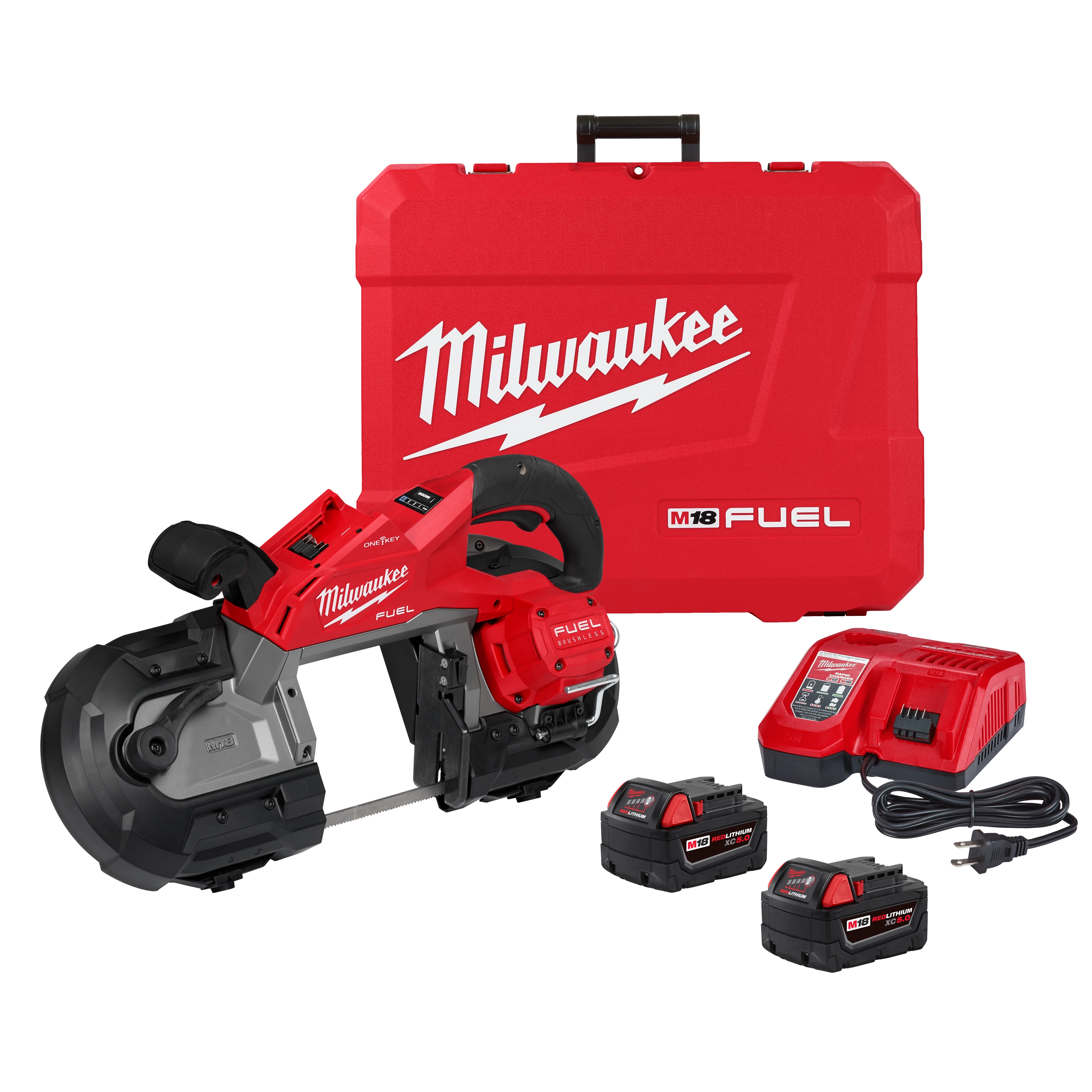 The image shows the M18 FUEL™ Deep Cut Band Saw Kit, which includes a red and black band saw, two rechargeable battery packs, a battery charger, and a red carrying case with the Milwaukee logo. The kit is arranged neatly to display all components.