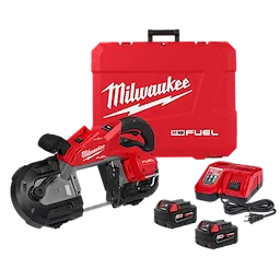The image shows the M18 FUEL™ Deep Cut Band Saw Kit, which includes a red and black band saw, two rechargeable battery packs, a battery charger, and a red carrying case with the Milwaukee logo. The kit is arranged neatly to display all components.