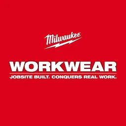 Milwaukee Workwear System logo on a red background with the text "Jobsite Built. Conquers Real Work." in white letters.