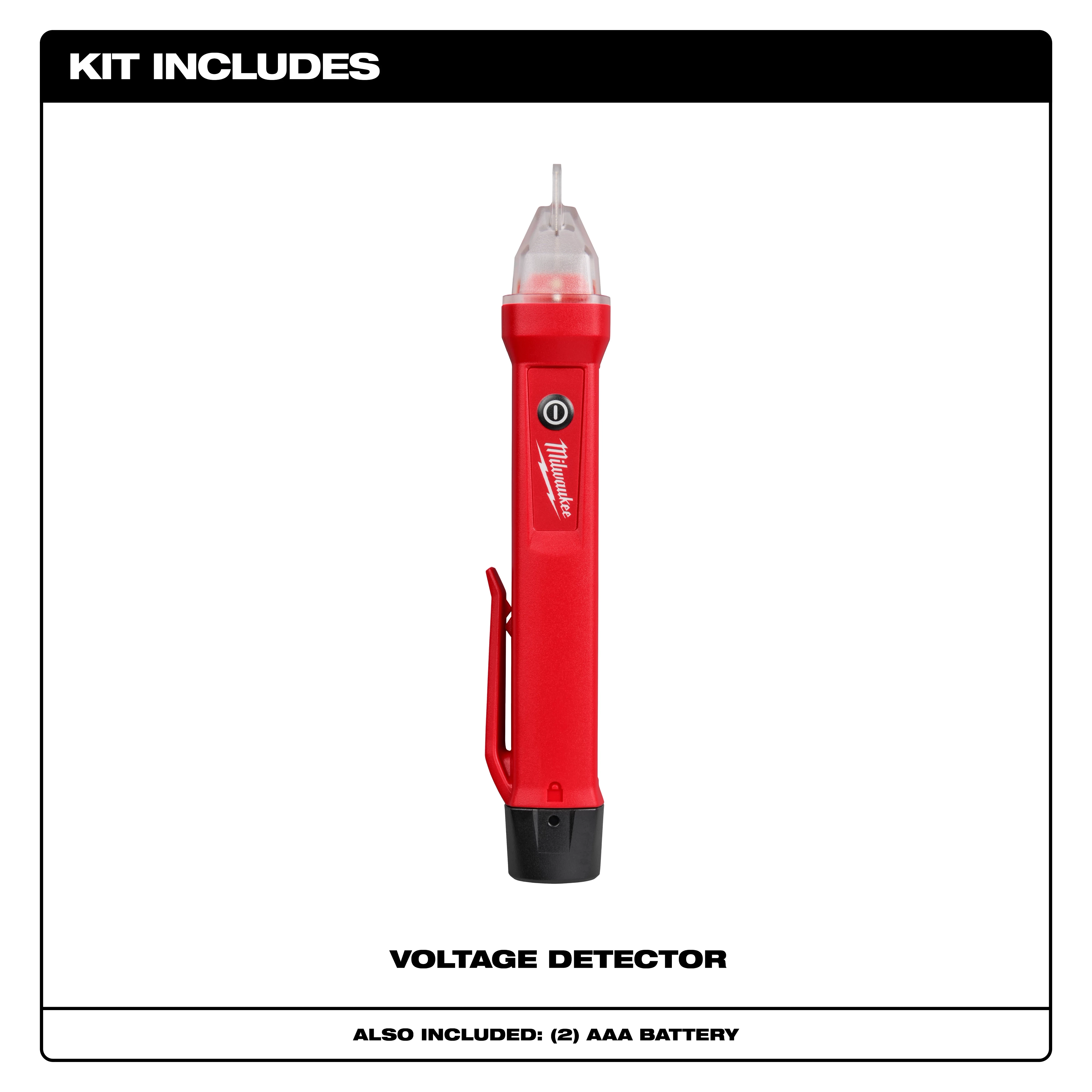 Red, pen-shaped Voltage Detector with a black base and a transparent cap. The kit includes two AAA batteries.