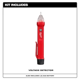 Red, pen-shaped Voltage Detector with a black base and a transparent cap. The kit includes two AAA batteries.