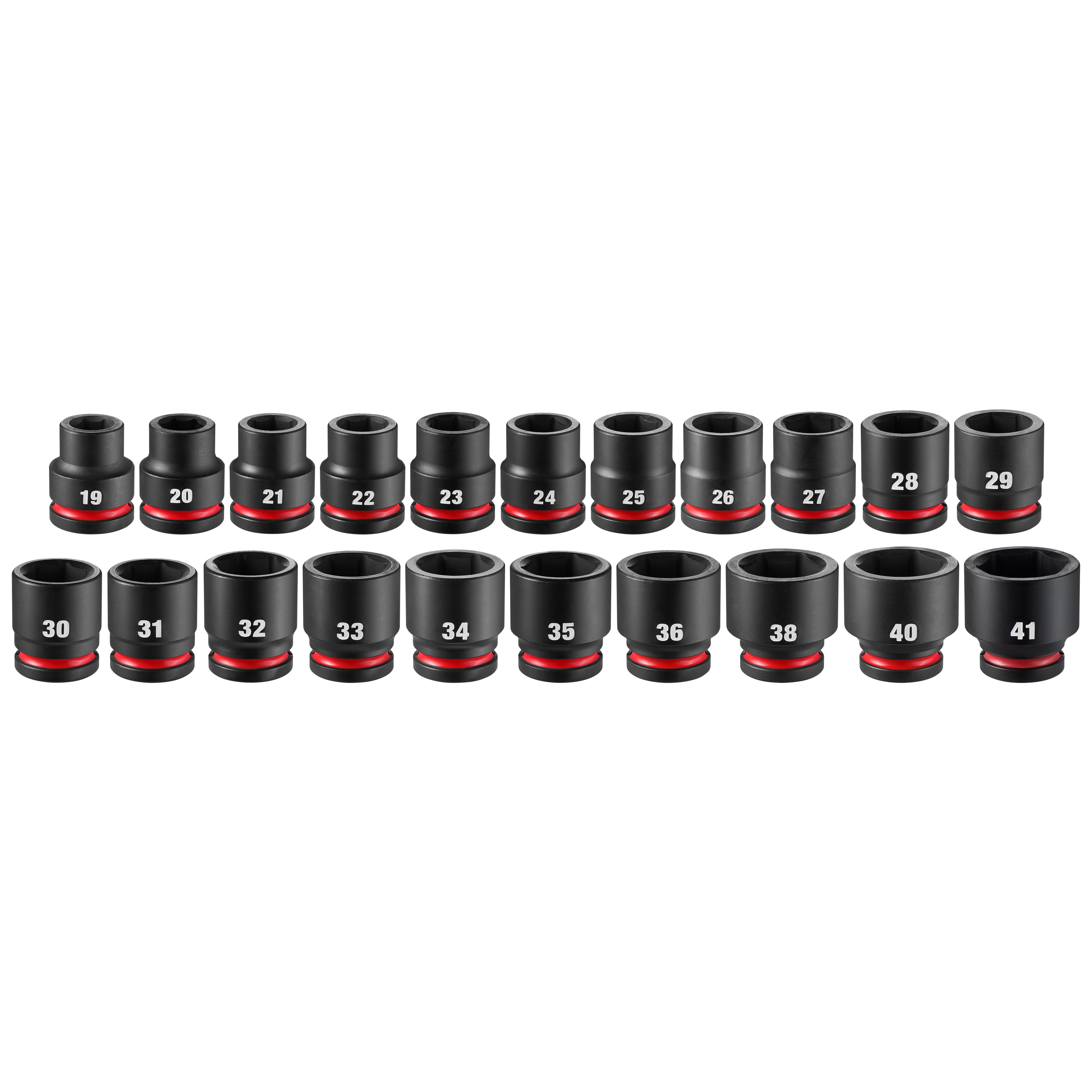 21PC SHOCKWAVE Impact Duty 3/4" Drive Metric Standard Socket Set with PACKOUT includes sockets sized from 19 to 41, in two rows.