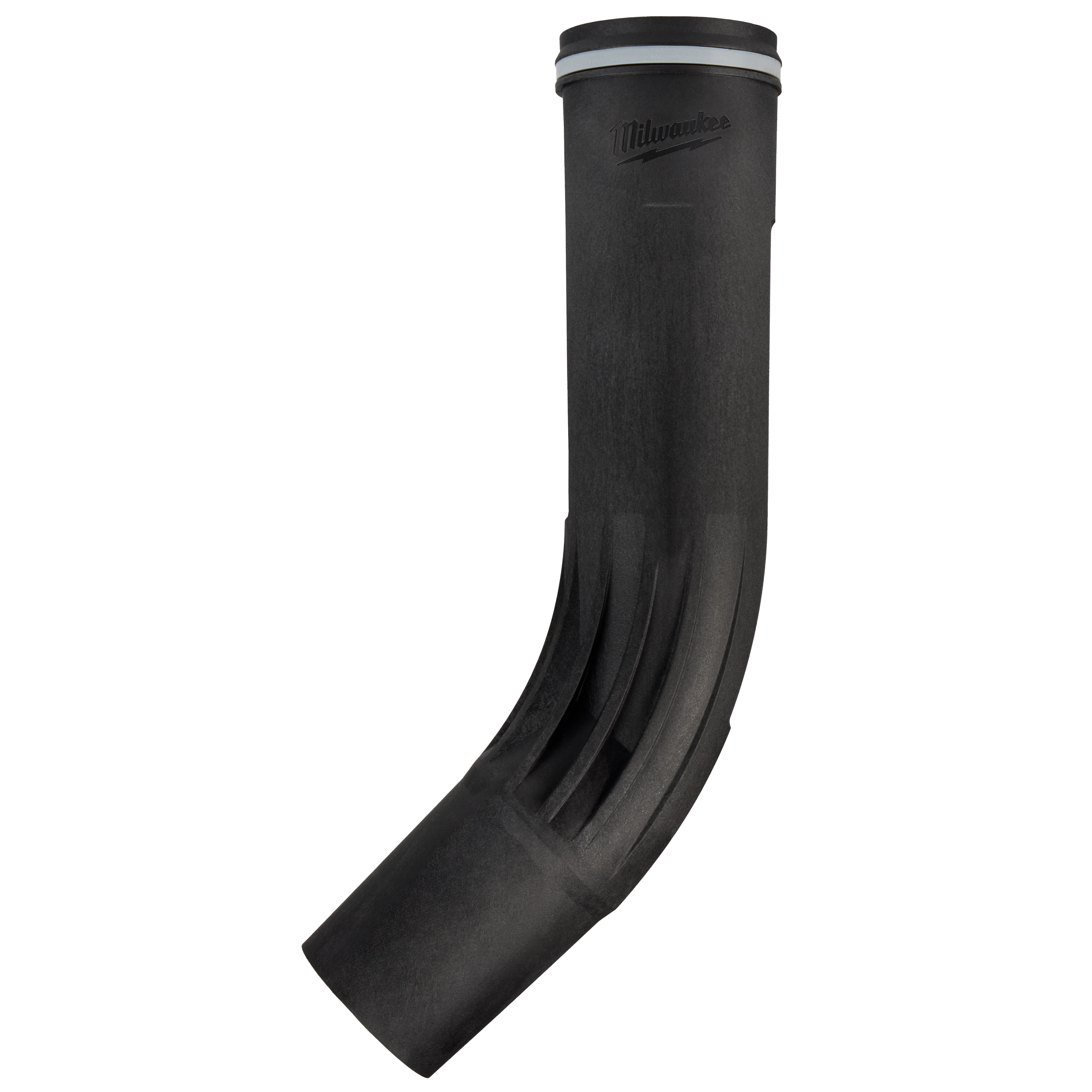 Milwaukee Air-Tip 2-1/2" to 3-1/2" Claw Utility Nozzle is black, features a curved design with grooved sides, and is used for vacuum cleaners. It has the Milwaukee logo near the top.