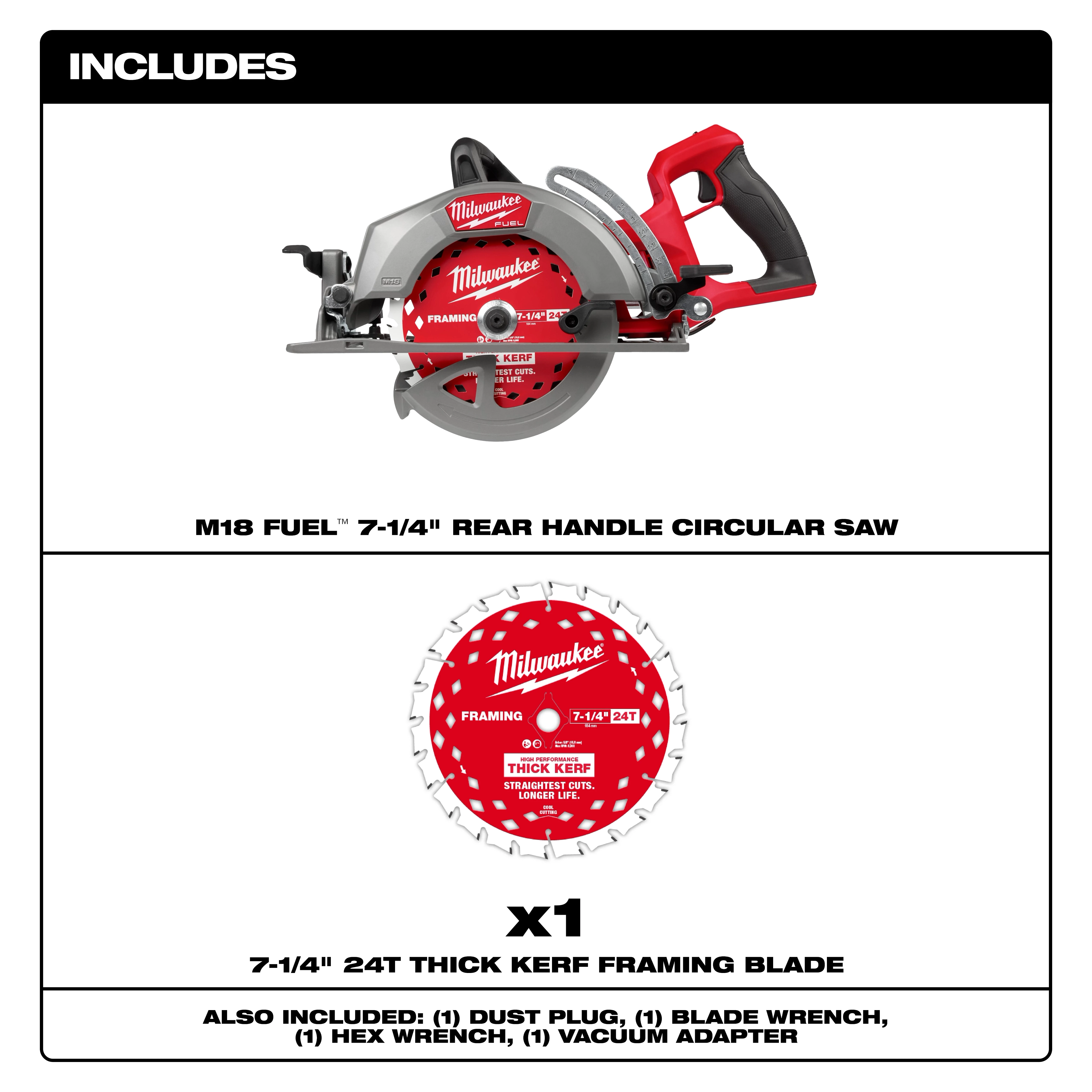The image shows an M18 FUEL™ 7-1/4" Rear Handle Circular Saw. Included are a 7-1/4" 24T thick kerf framing blade, a dust plug, a blade wrench, a hex wrench, and a vacuum adapter.
