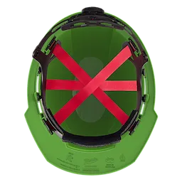 Inside view of a green safety helmet with red straps and black padding.