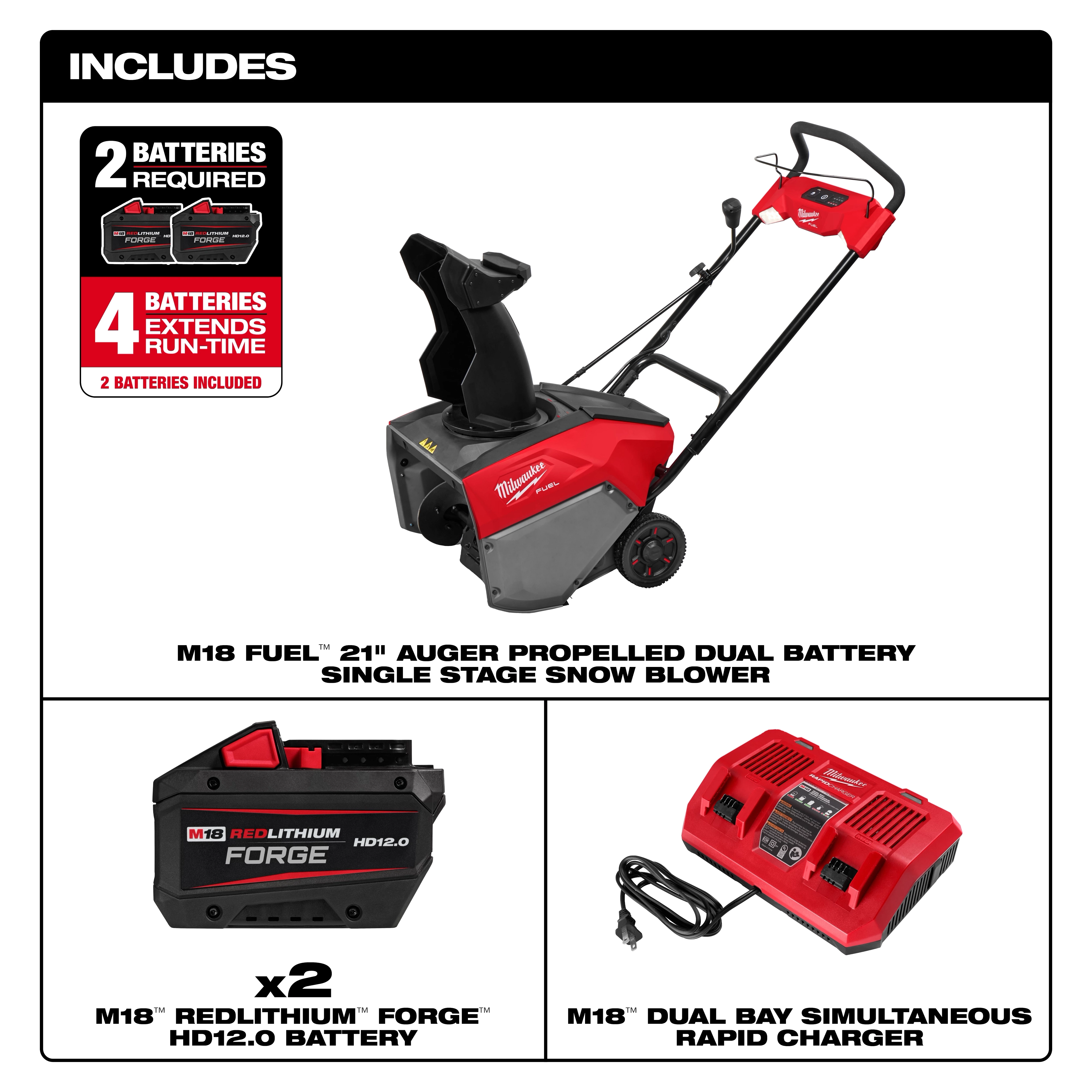 The M18 FUEL™ 21" Auger Propelled Dual Battery Single Stage Snow Blower includes two M18™ REDLITHIUM™ FORGE™ HD12.0 batteries and an M18™ dual bay simultaneous rapid charger. The snow blower is black and red, featuring a powerful auger for effective snow removal.