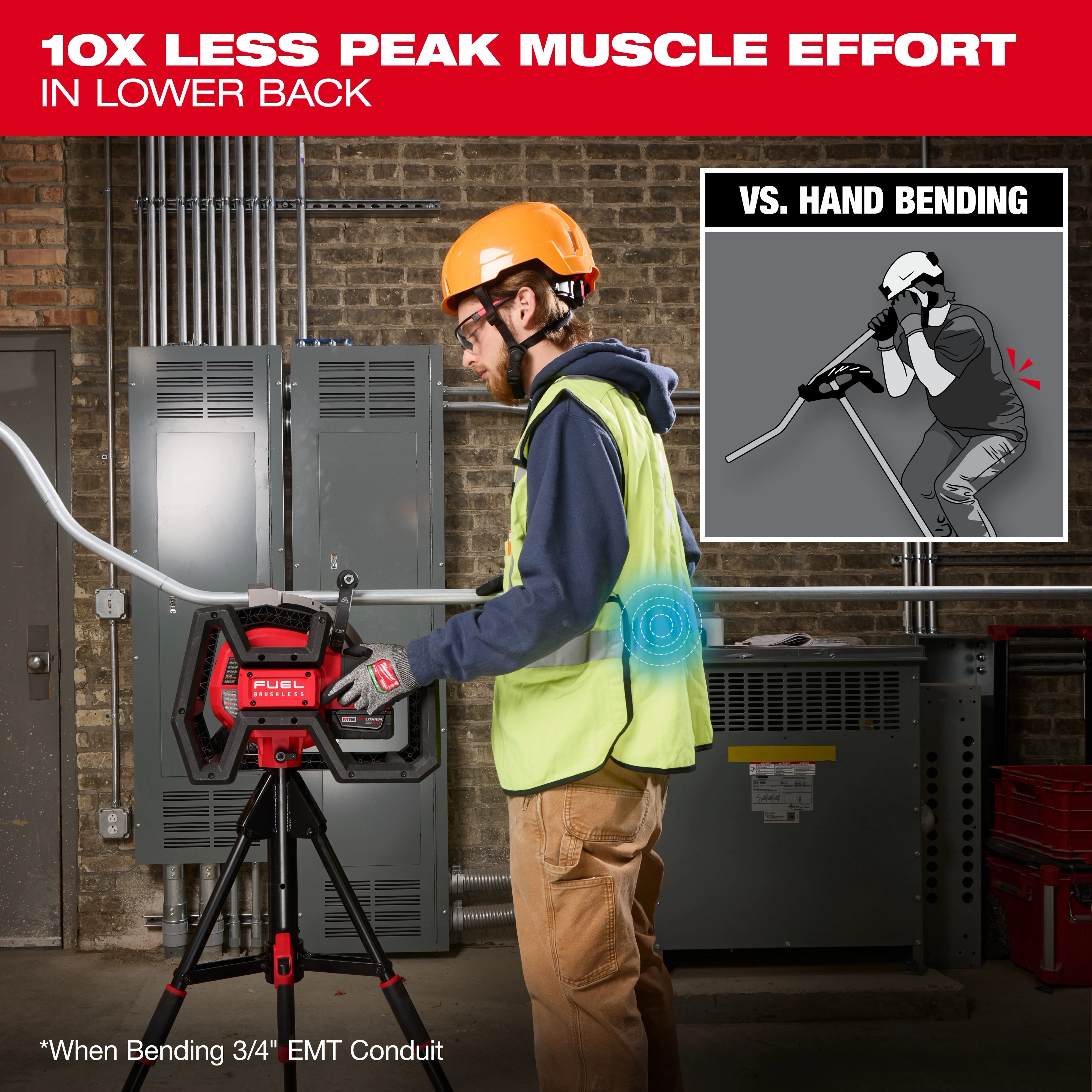 A worker uses the M18 FUEL™ BRANCH CONDUIT BENDER w/ AUTO-ZERO™, which reduces peak muscle effort in the lower back by ten times compared to hand bending. The product is shown efficiently bending a 3/4" EMT conduit.