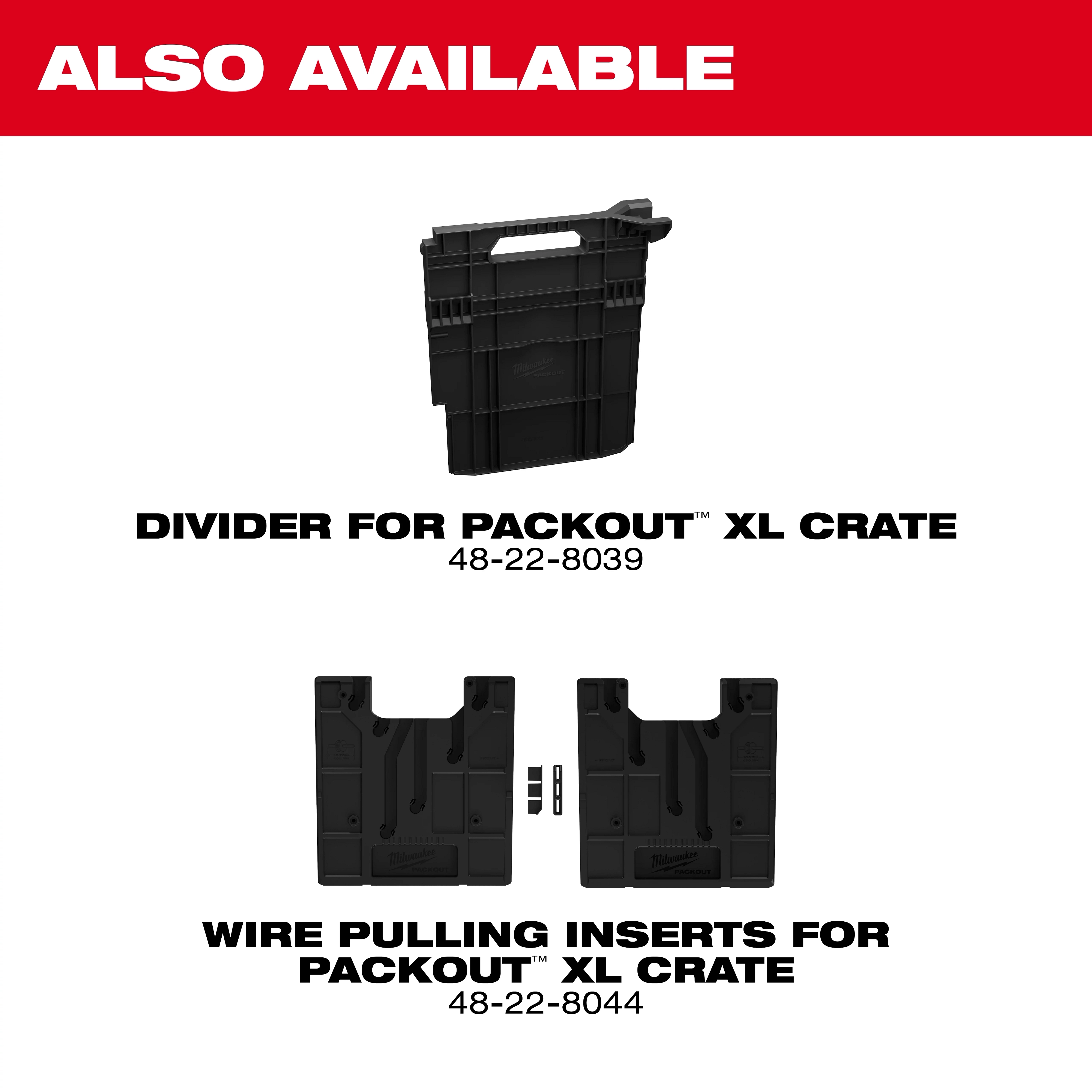 Divider and wire pulling inserts accessories for PACKOUT XL Crate displayed on a plain background.