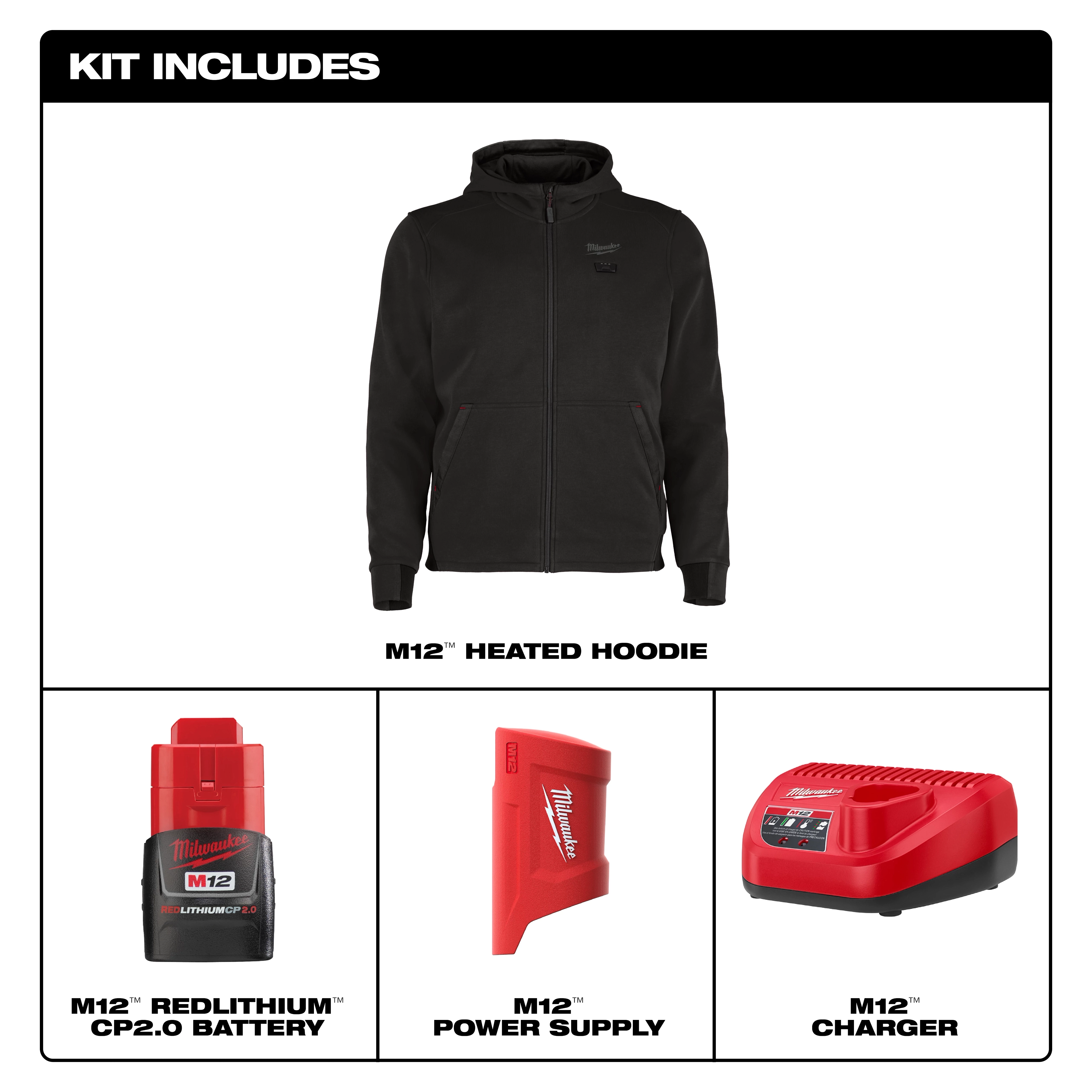 M12™ Heated Hoodie kit includes a black heated hoodie, an M12™ REDLITHIUM™ CP2.0 battery, an M12™ power supply, and an M12™ charger. All items are displayed with the hoodie in the upper section and the battery, power supply, and charger in the lower section.