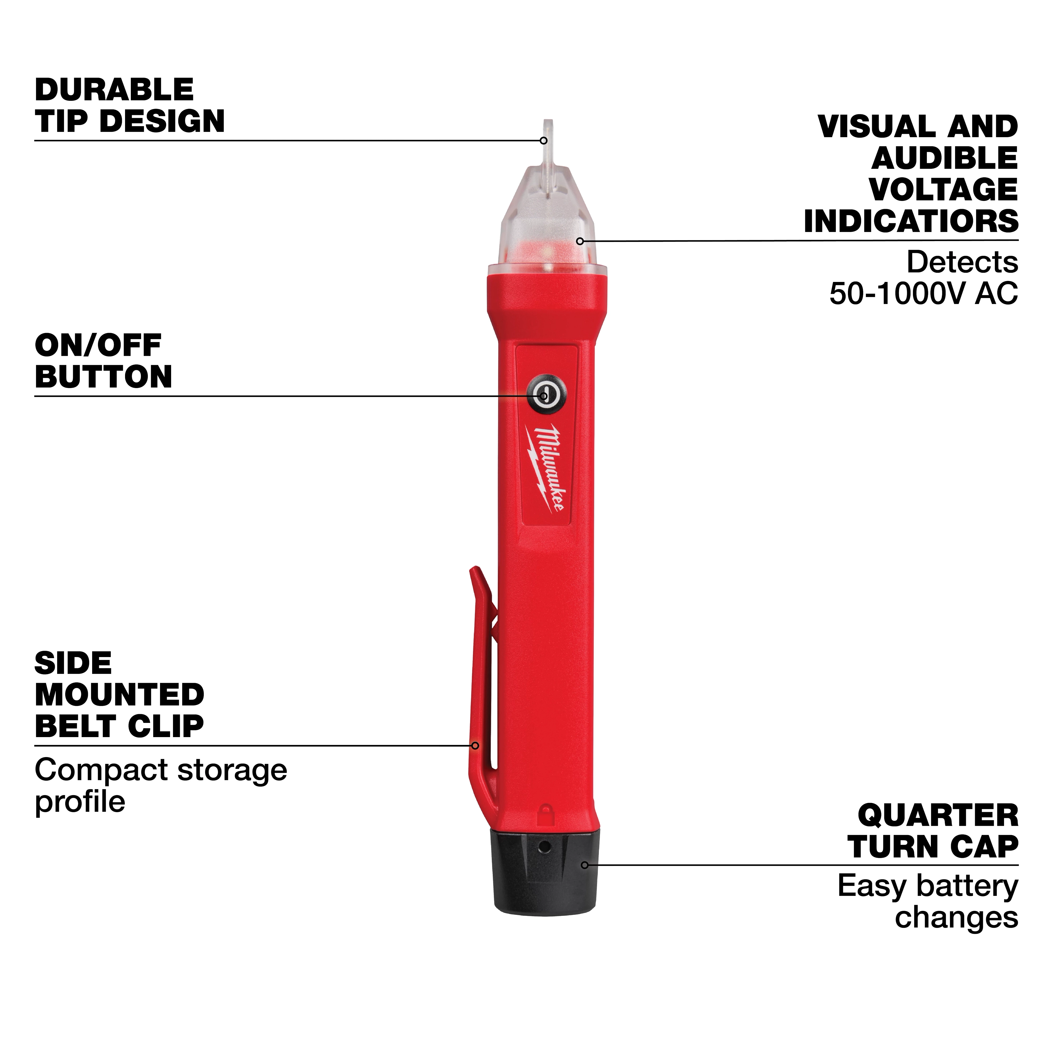 Red Voltage Detector with durable tip, visual and audible voltage indicators, on/off button, side-mounted belt clip, and quarter turn cap.