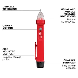 Red Voltage Detector with durable tip, visual and audible voltage indicators, on/off button, side-mounted belt clip, and quarter turn cap.