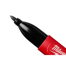 The Milwaukee INKZALL Double-Sided Black Jobsite Marker—Fine Point & Chisel Tip features a red and black plastic body with a black fine-point tip. It is designed for durability on job sites.