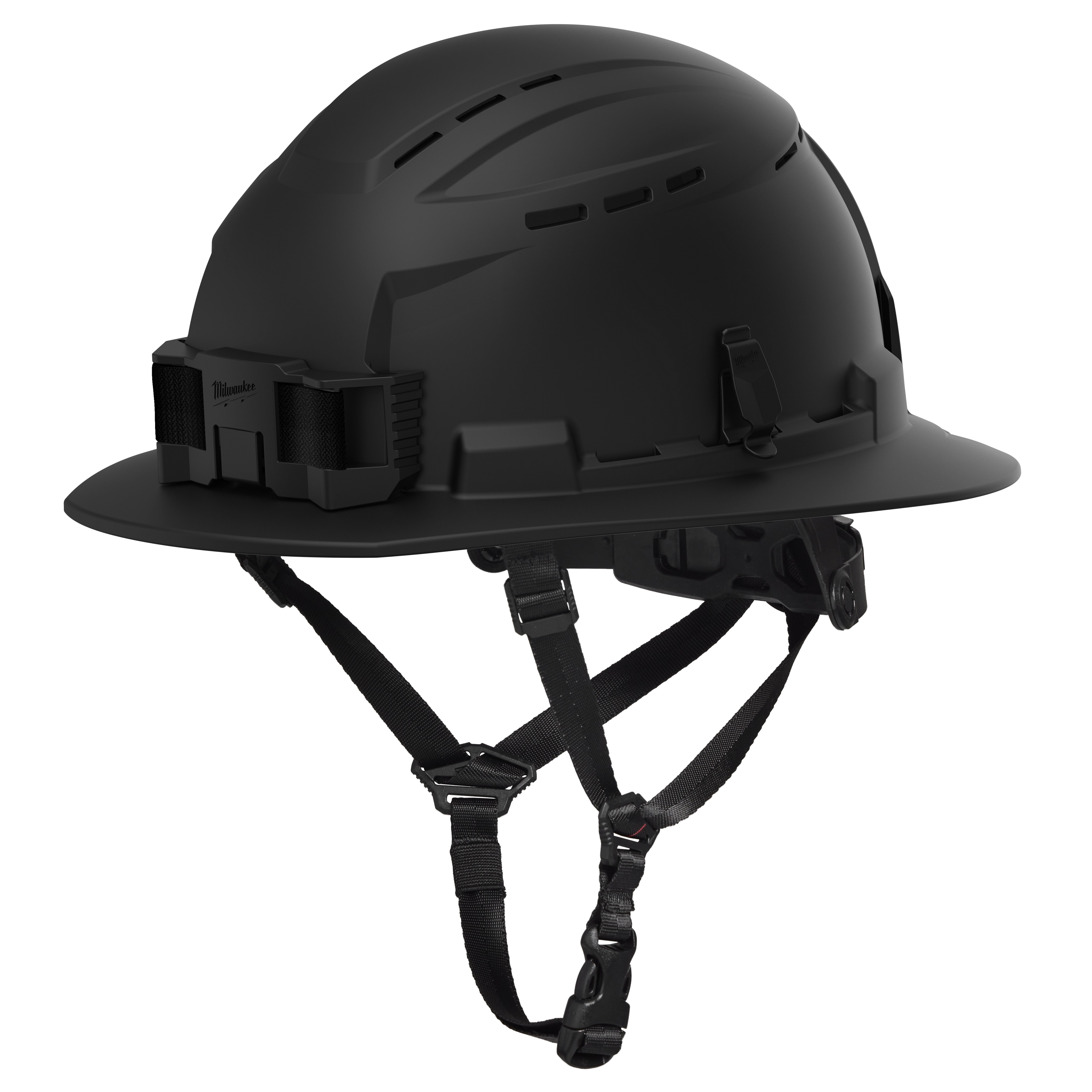 The BOLT™ Black Full Brim Vented Safety Helmet – Type 2, Class C, features a black full-brim design, ventilation slots, an adjustable strap, and a front mount for accessories. Suitable for construction and industrial safety.