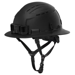 The BOLT™ Black Full Brim Vented Safety Helmet – Type 2, Class C, features a black full-brim design, ventilation slots, an adjustable strap, and a front mount for accessories. Suitable for construction and industrial safety.