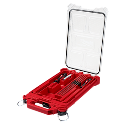 The 9pc Saw Chain Sharpening Set with PACKOUT™ Low-Profile Compact Organizer features a red case with a transparent lid, containing sharpening files, guides, and other tools for saw chain maintenance. The compact design allows for easy storage and transportation.