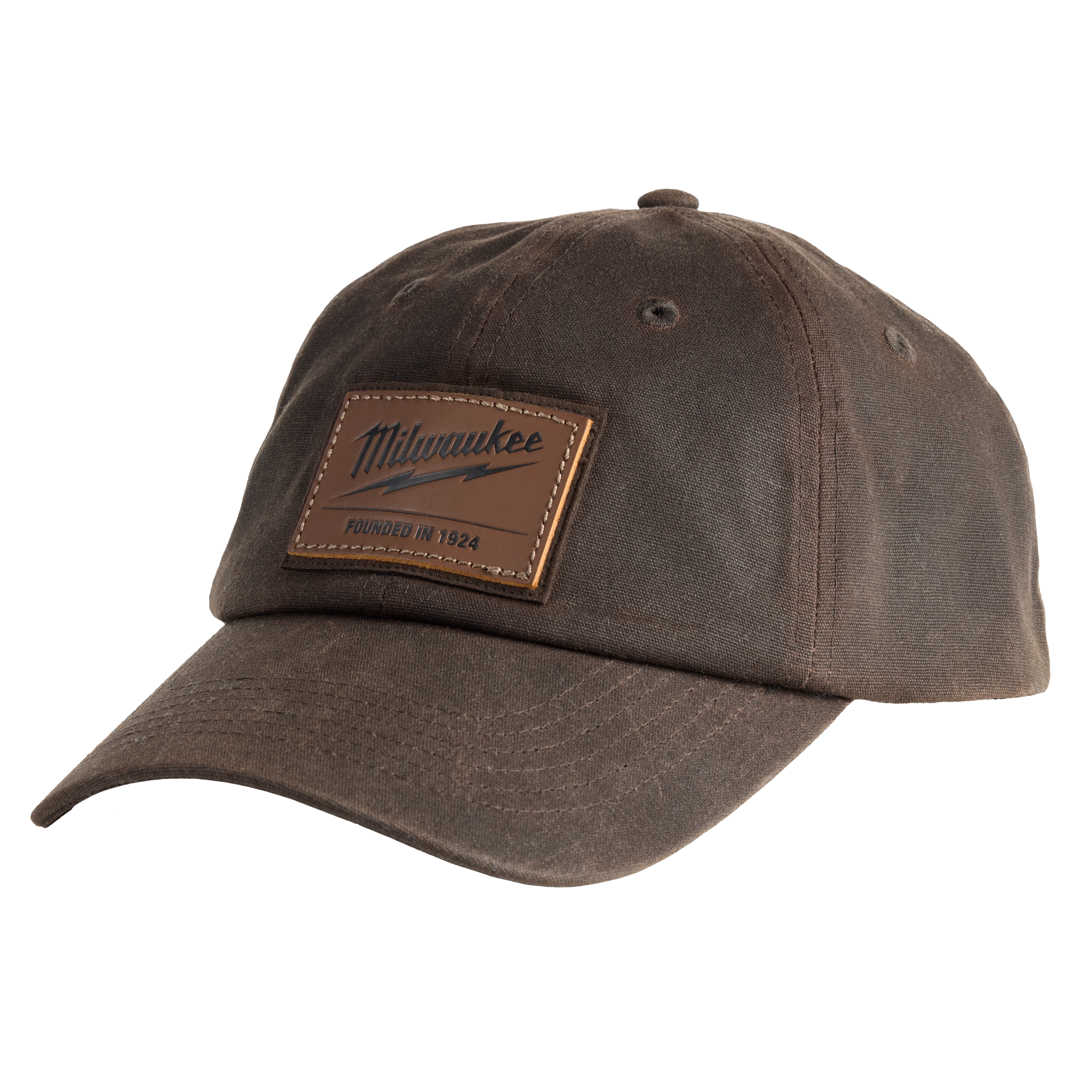 Brown Waxed Canvas Adjustable Hat featuring a rectangular leather patch with the text "Milwaukee Founded in 1924" on the front.