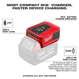 The M18™ TOP-OFF™ Charger & Power Supply features a red compact design with USB-C ports for 15W and 100W charging. It includes a battery charge indicator and is compatible with all M18™ batteries, providing fast device charging with a bi-directional USB-C port.
